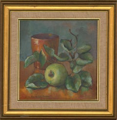 Huile contemporaine - Vase pomme et orange