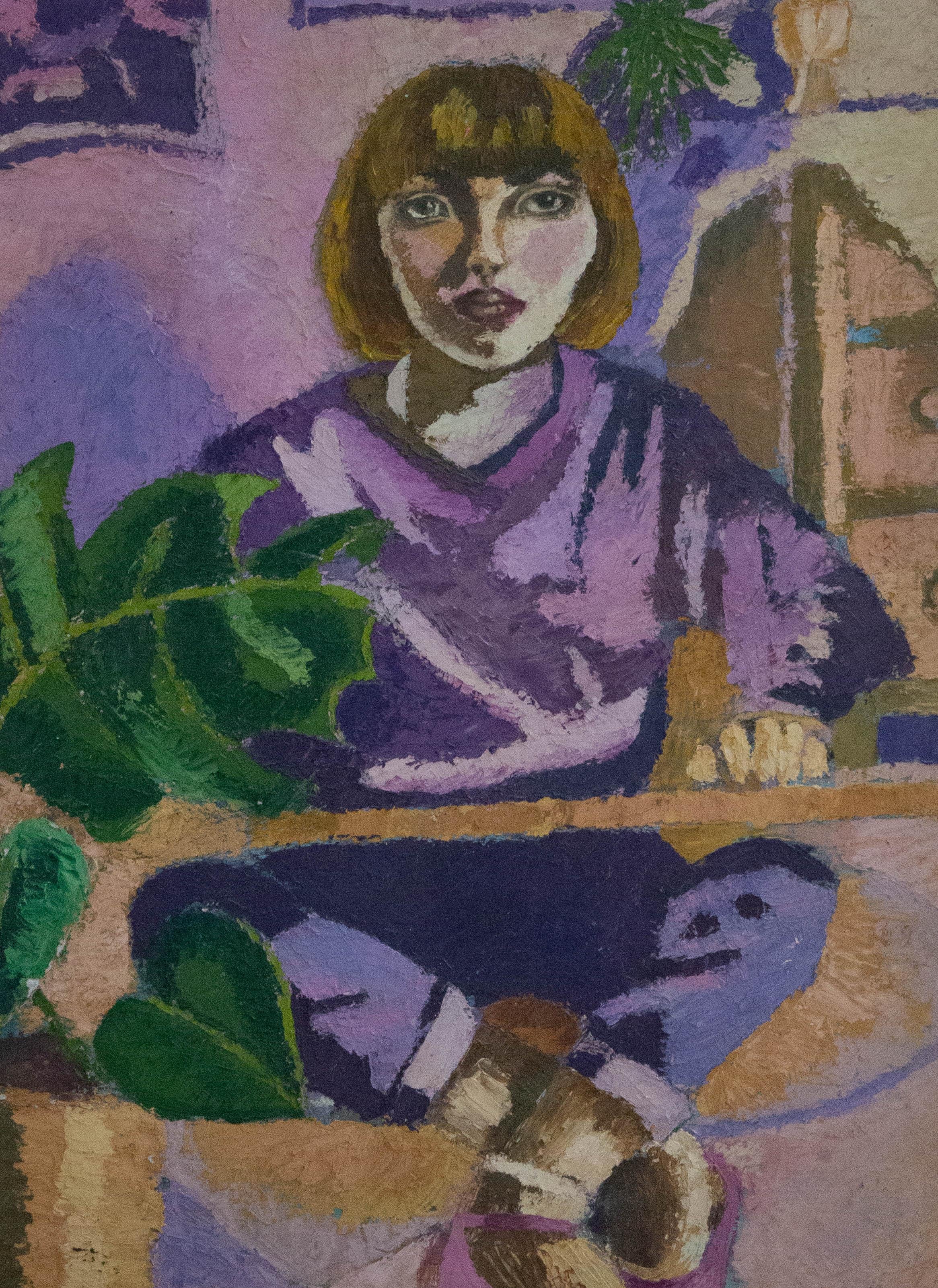 A quirky and kitsch portrait of a young woman, dressed in purple, sitting in her purple home surrounded by green plants. This captivating painting is heavily impasto, creating a dynamism in an otherwise static scene. On board.

