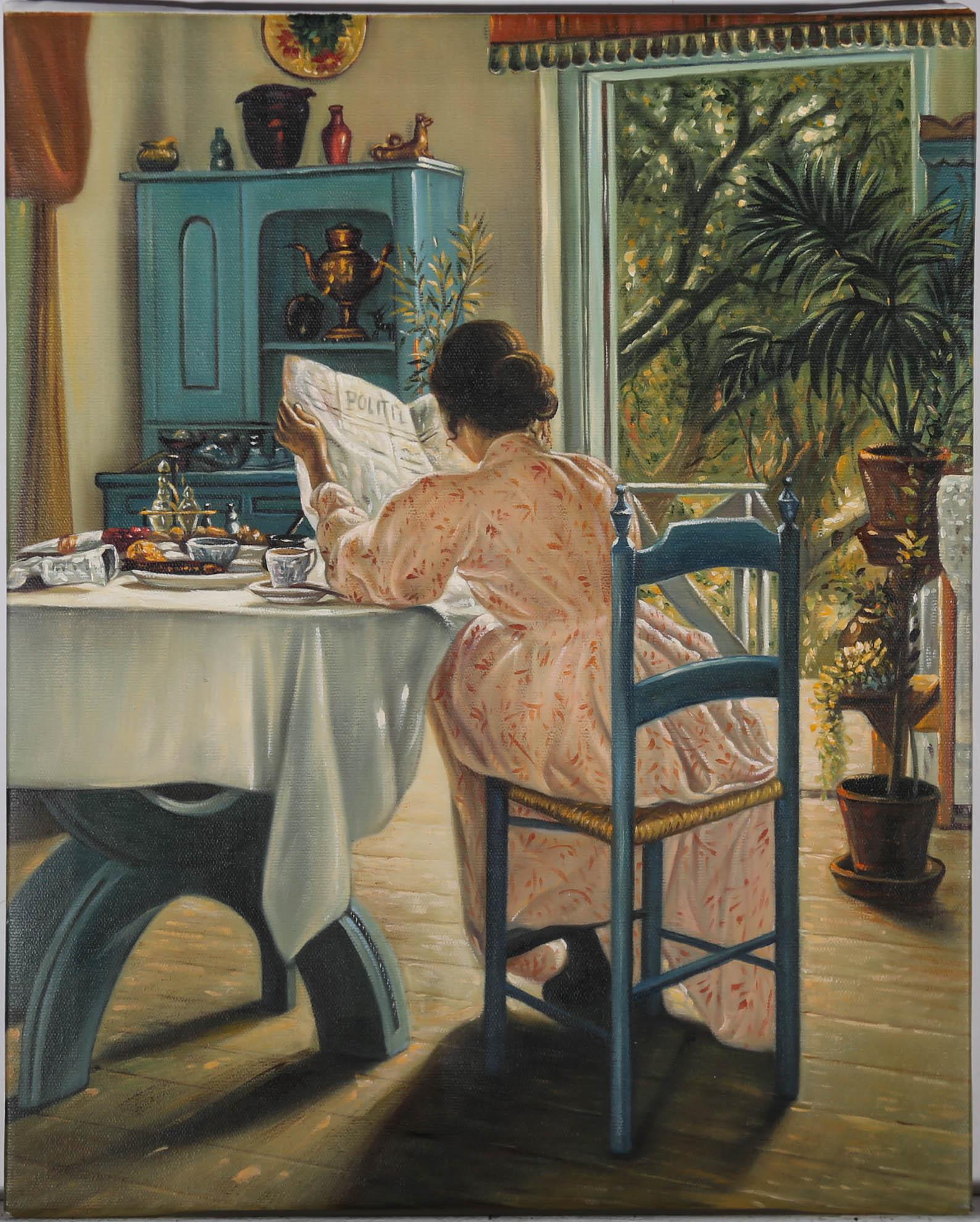 Contemporary Oil - At the Breakfast Table - Painting by Unknown