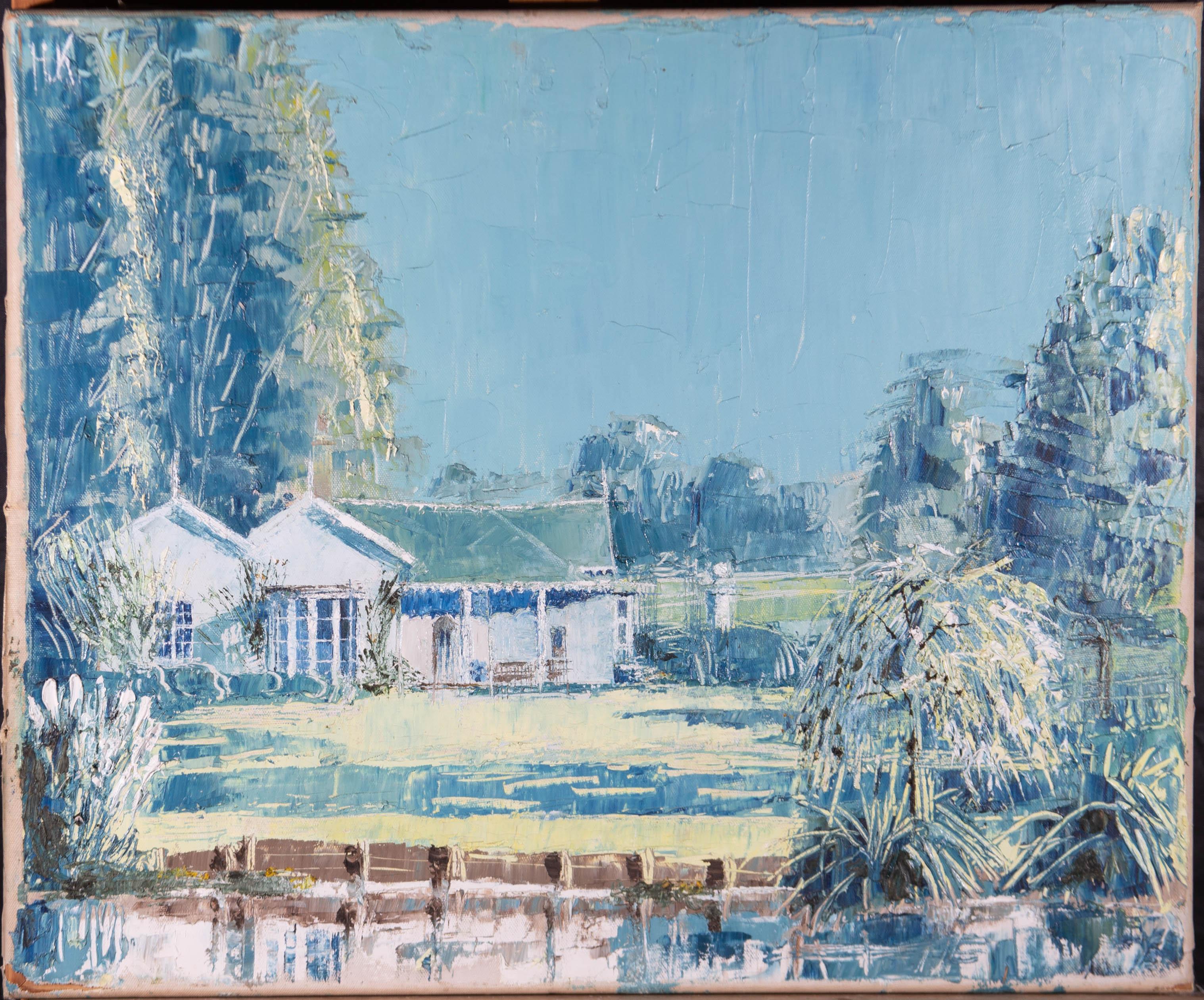 A fine contemporary impasto showing a lakeside house in verdant grounds in a modernist blue palette. The painting is unsigned and presented on canvas over stretchers. On canvas.

