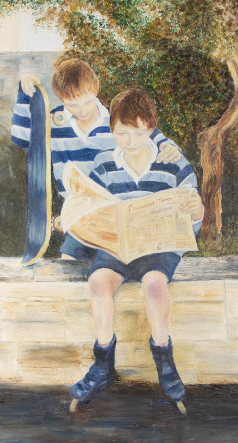 Contemporary Oil - Boys in Striped Shirts - Painting by Unknown