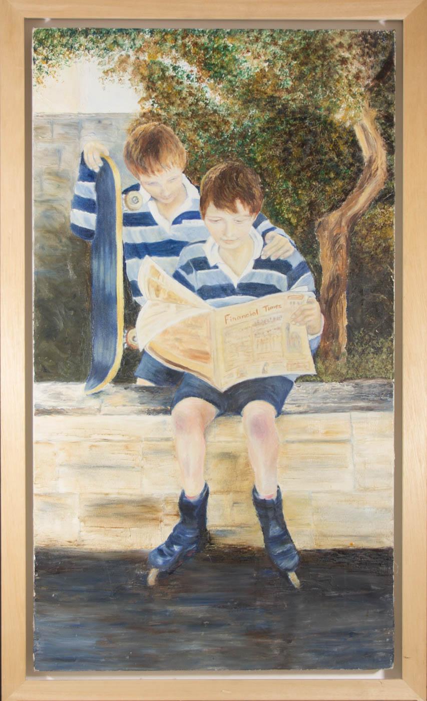 Unknown Portrait Painting - Contemporary Oil - Boys in Striped Shirts