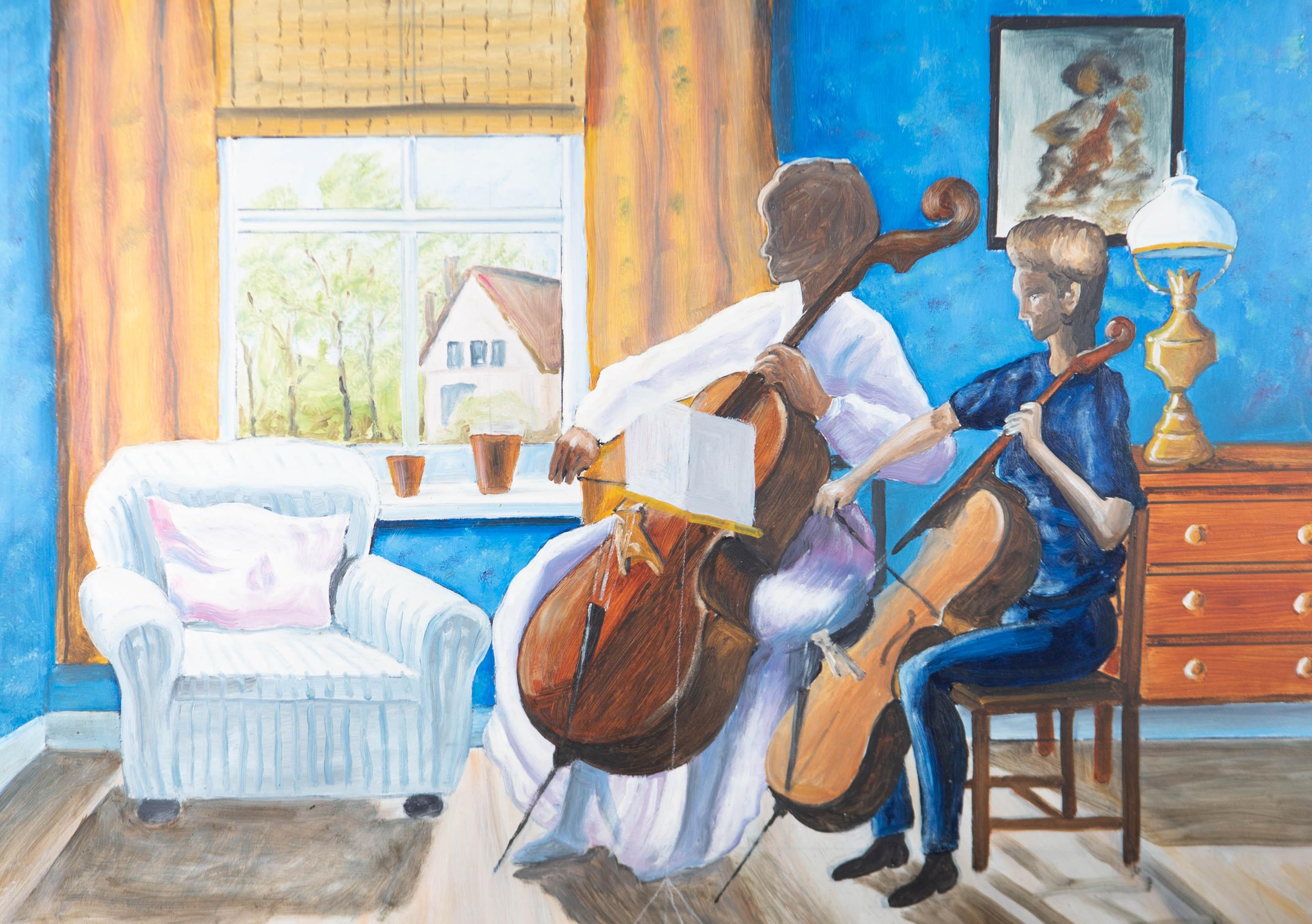 Contemporary Oil - Cello Lessons - Painting by Unknown