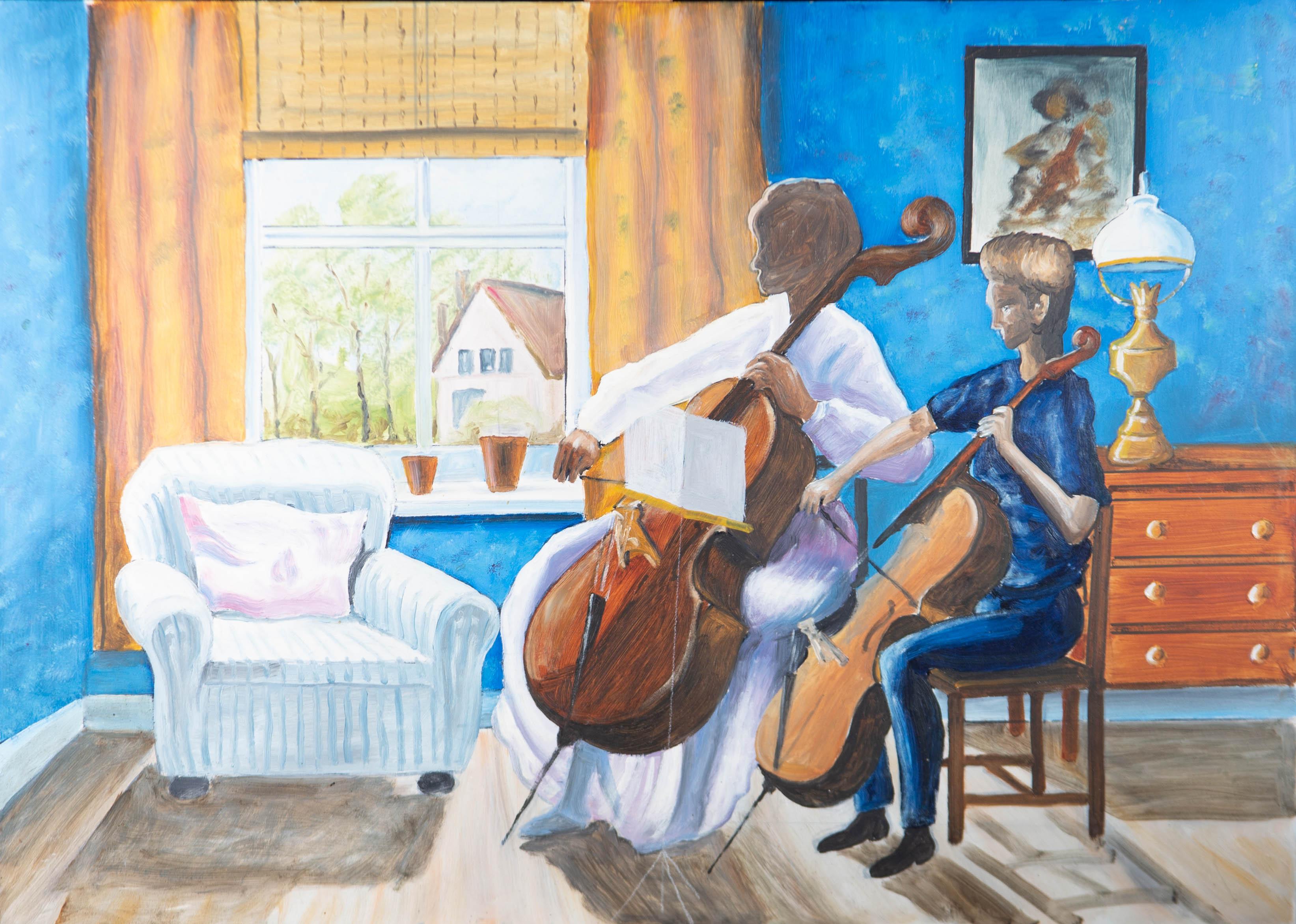 Contemporary Oil - Cello Lessons - Gray Figurative Painting by Unknown