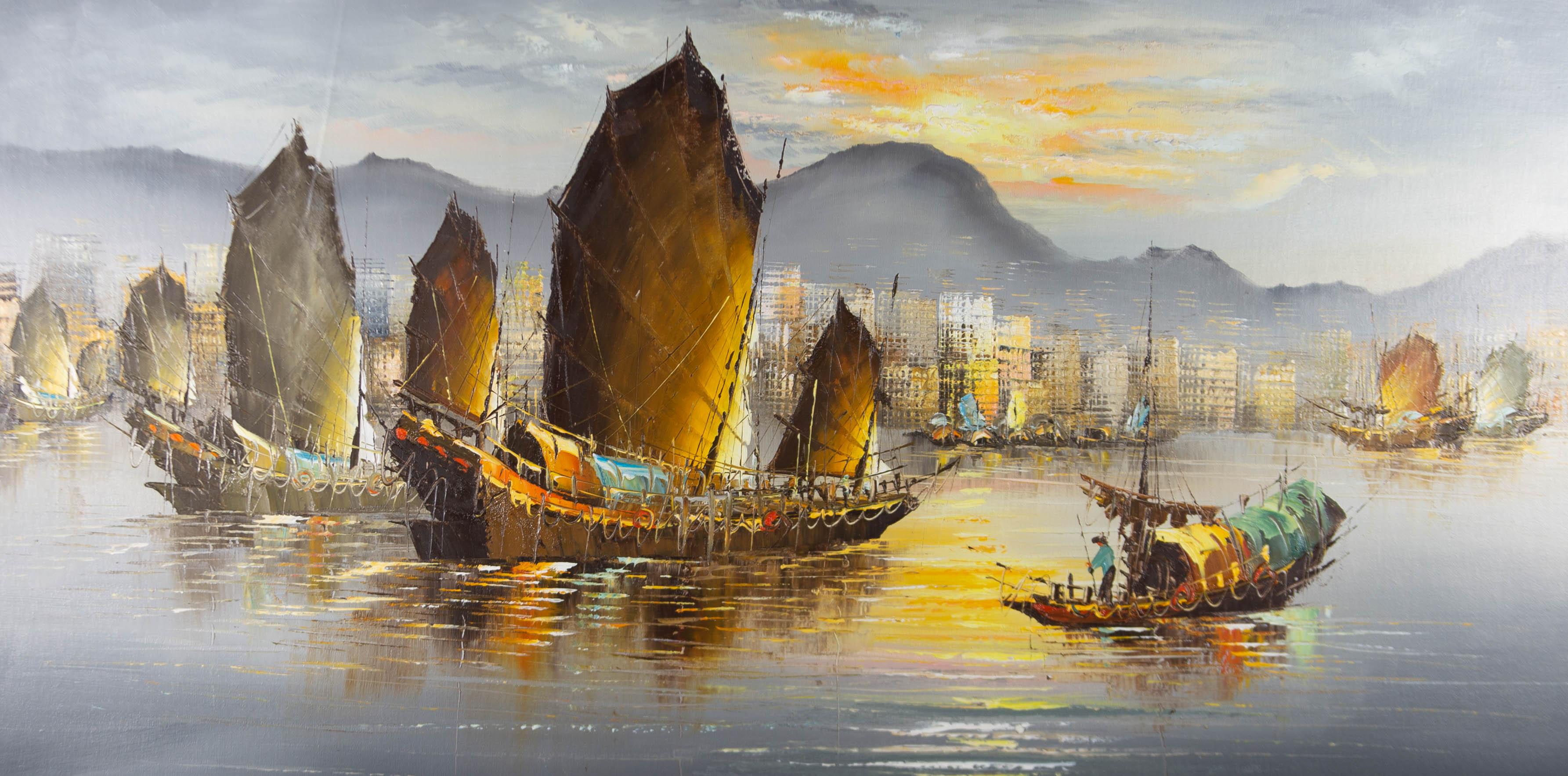 Contemporary Oil - Chinese Junk Boats - Painting by Unknown