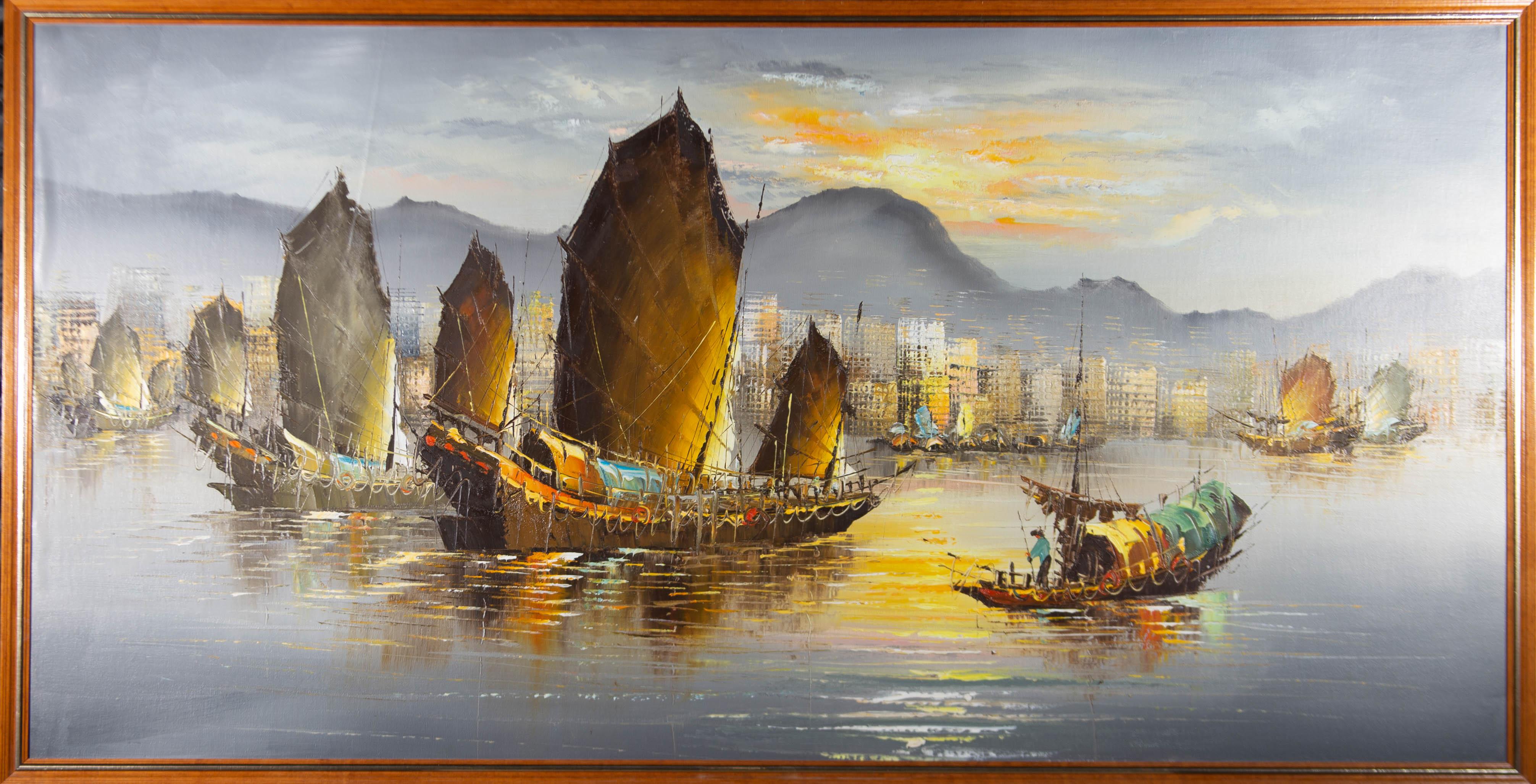 Unknown Figurative Painting - Contemporary Oil - Chinese Junk Boats