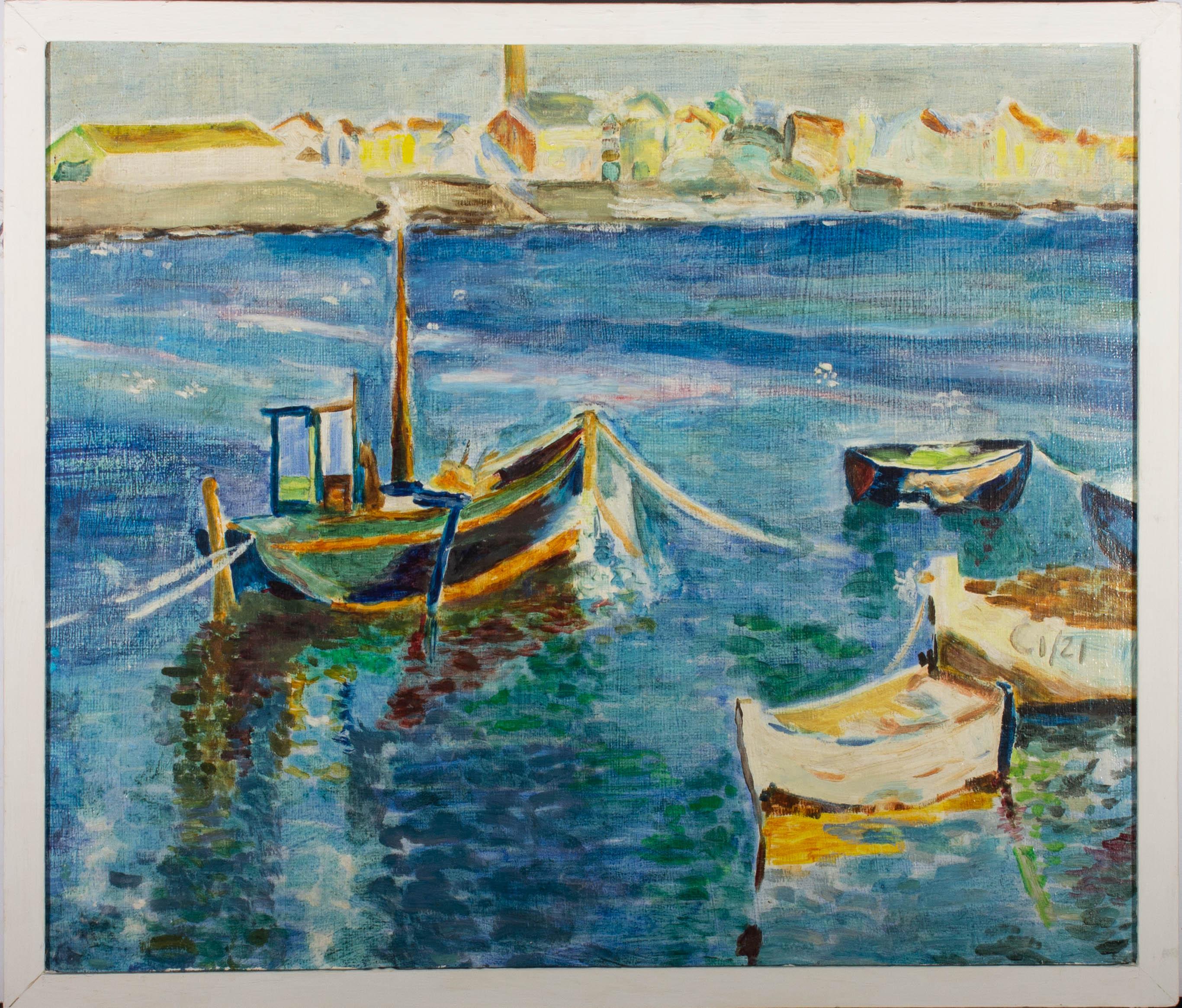 Contemporary Oil - Coastal Village Scene with Boats - Painting by Unknown