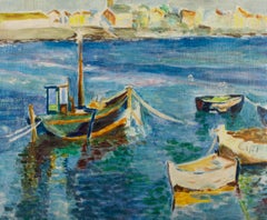 Contemporary Oil - Coastal Village Scene with Boats