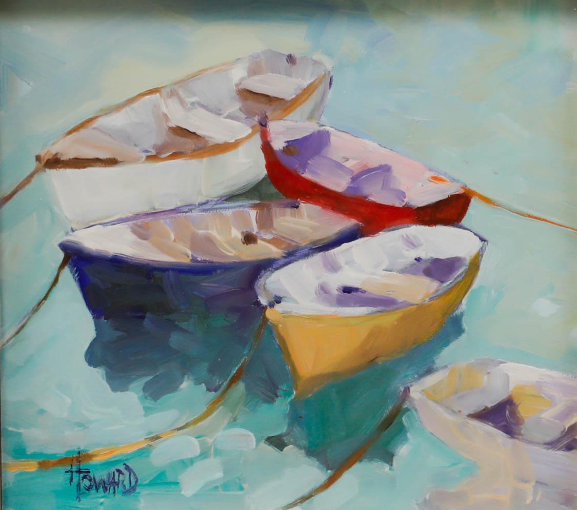 Contemporary Oil - Colourful Fishing Boats - Painting by Unknown