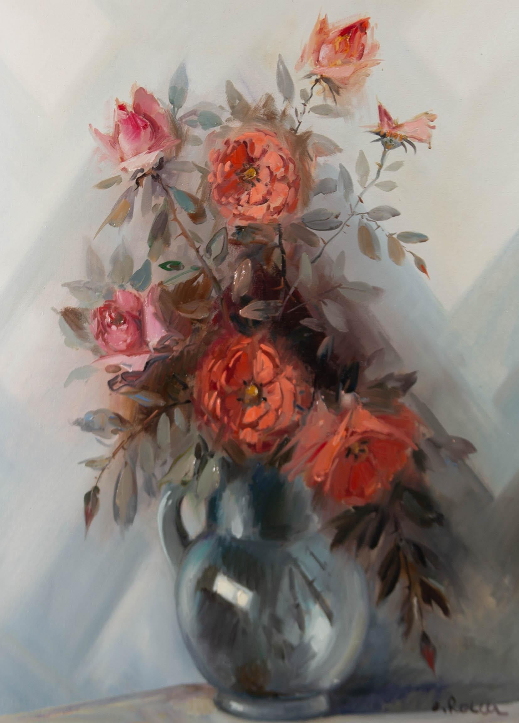 Contemporary Oil - Coral Roses - Painting by Unknown