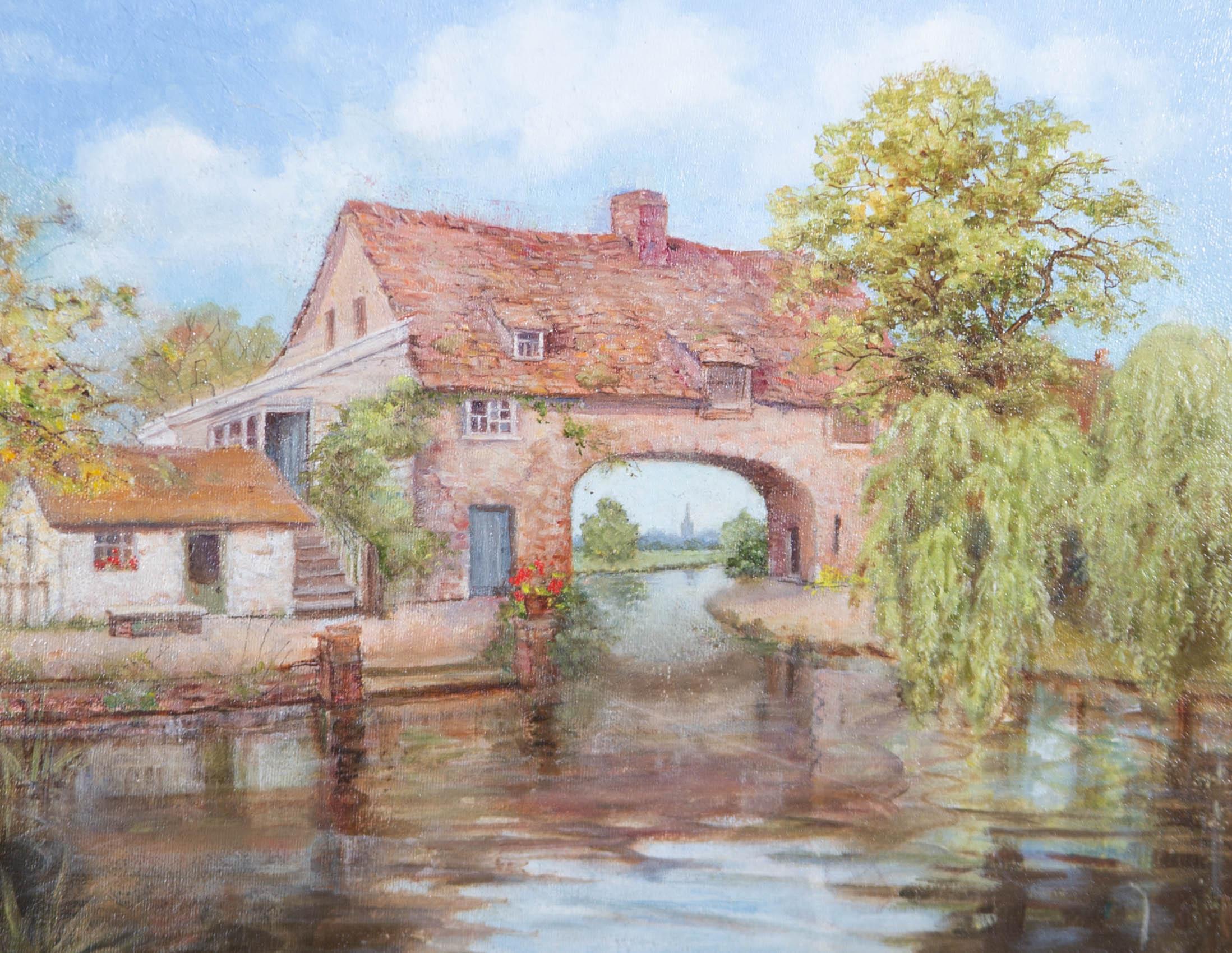 Contemporary Oil - Cottage on the Canal - Gray Landscape Painting by Unknown