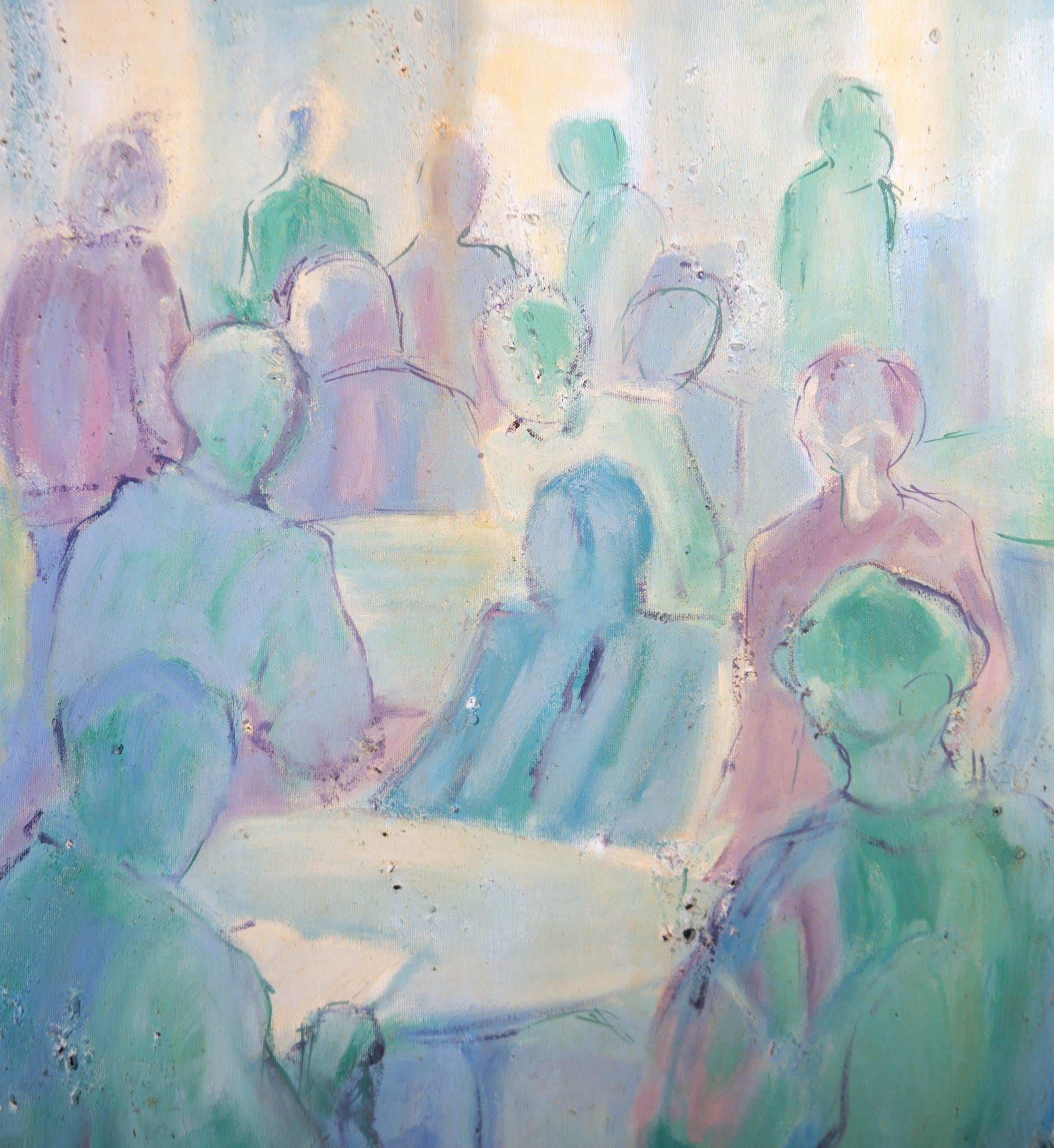 Contemporary Oil - Crowded Tables - Painting by Unknown