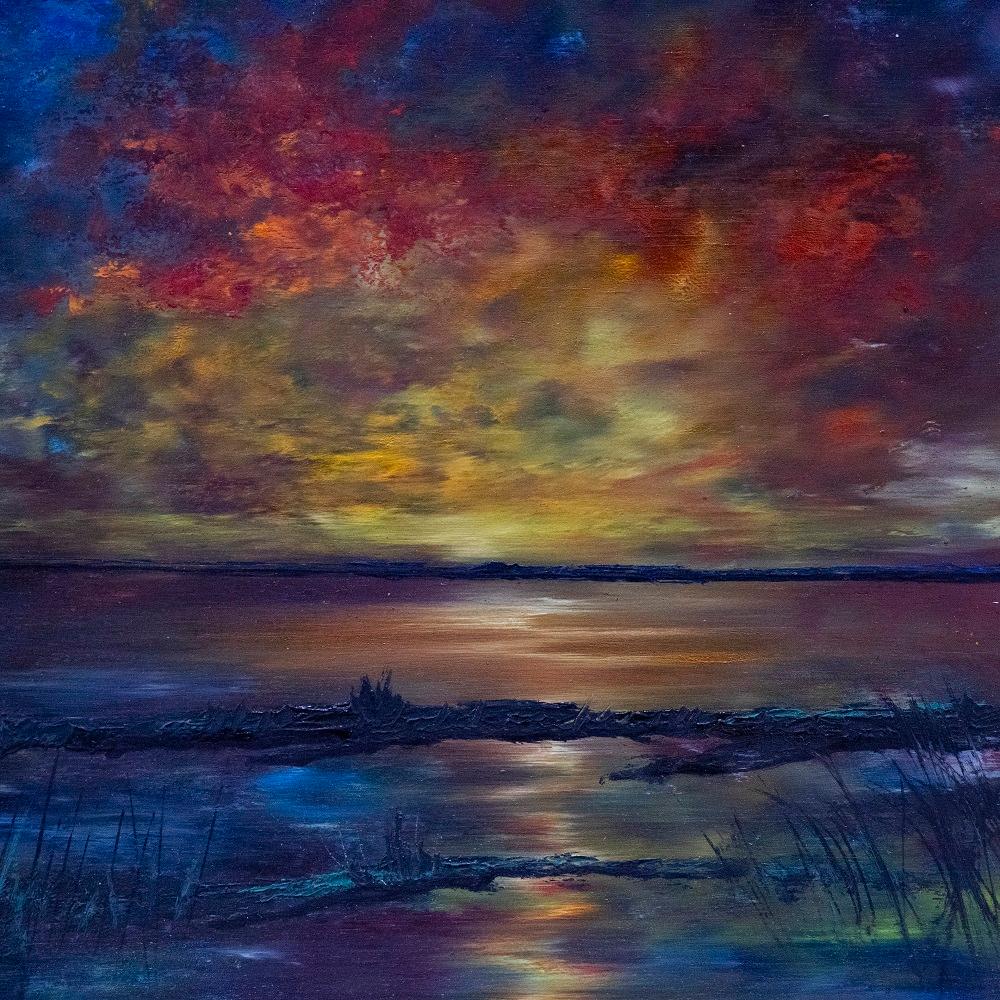 Contemporary Oil - Estuary at Sunset - Black Landscape Painting by Unknown