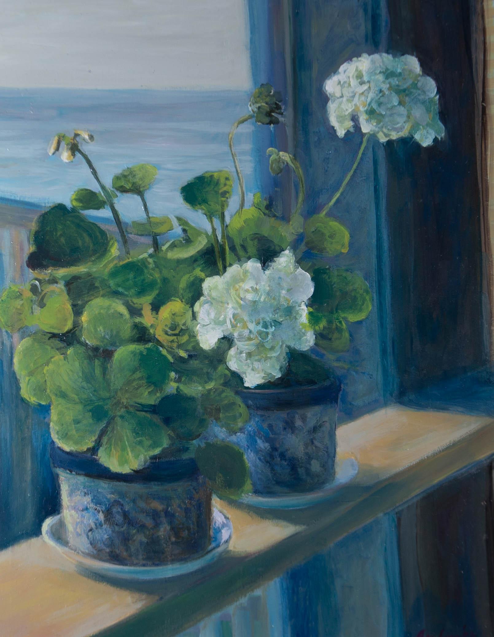 Olio contemporaneo - Gerani in blu - Still-Life Painting Nero di Unknown