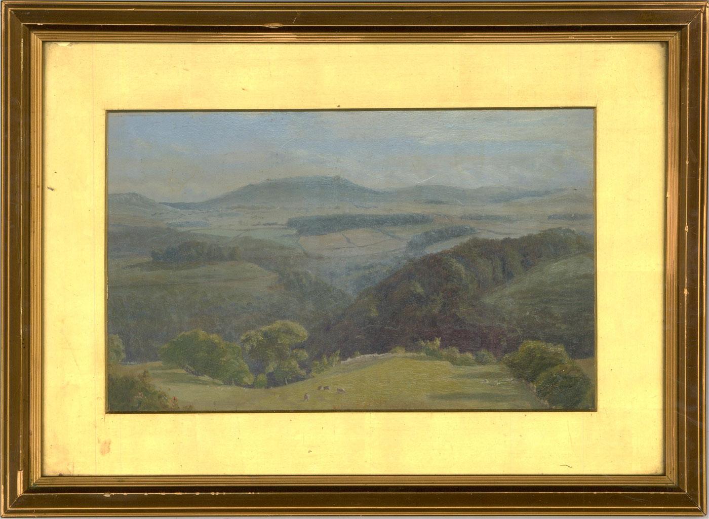 A charming oil showing the beautiful rolling hills of England at the height of summer. The distant horizon fades into the hazy heat and sheep graze in the verdant grasses in the foreground. The painting is unsigned and presented in a gilt effect