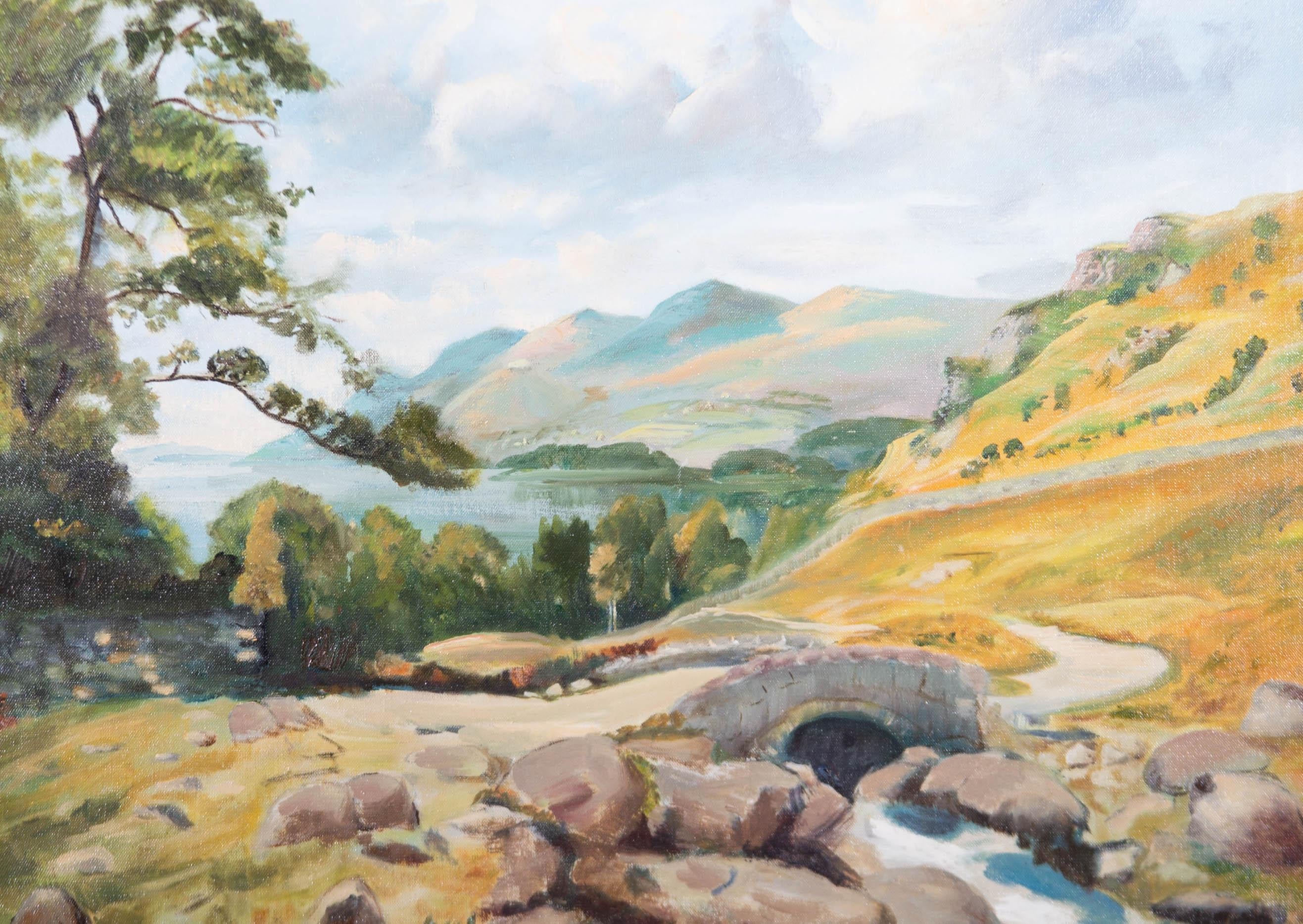 Contemporary Oil - Highland View with Arch Bridge - Painting by Unknown