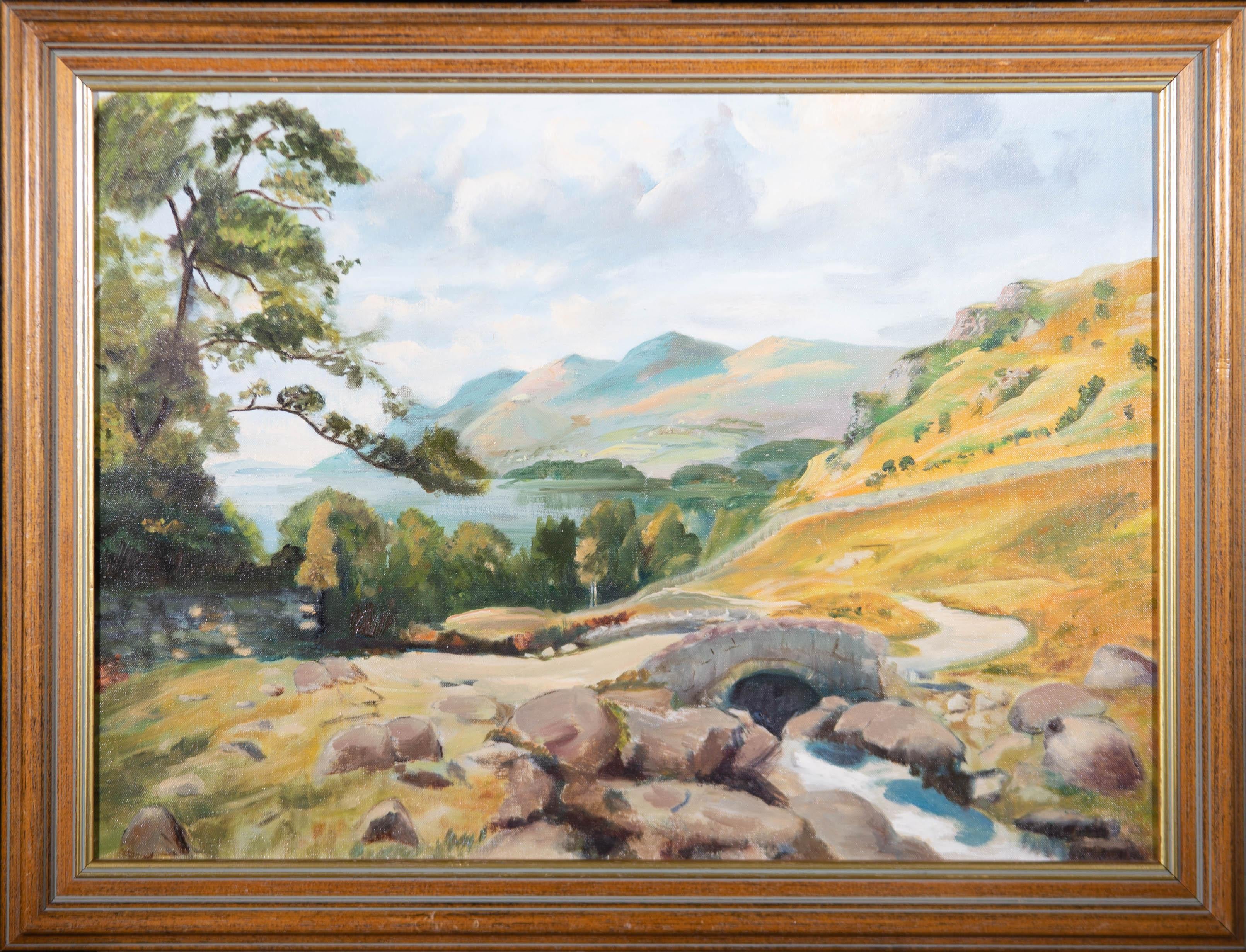 Unknown Landscape Painting - Contemporary Oil - Highland View with Arch Bridge