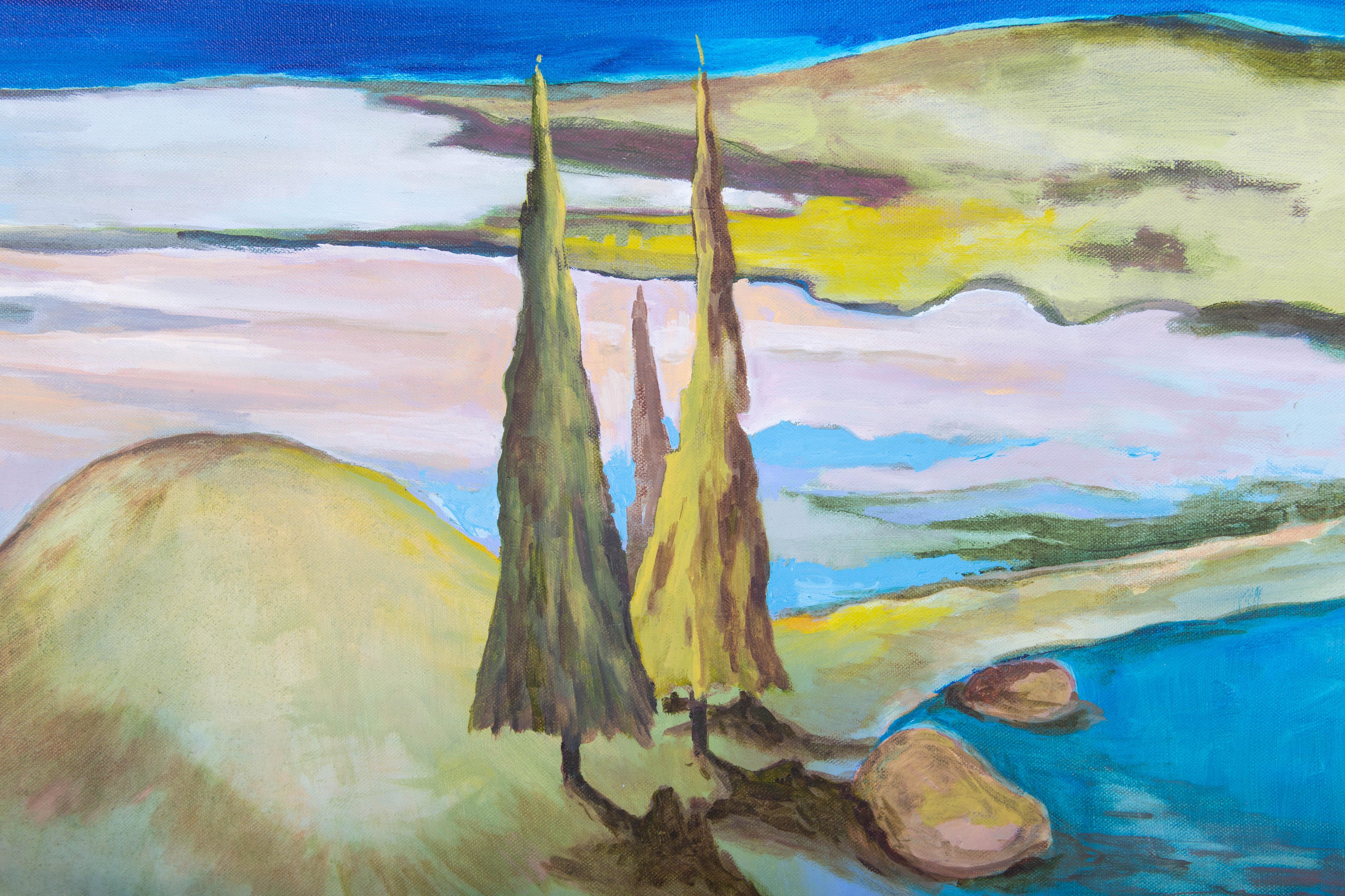 Un paysage côtier de taille impressionnante, montrant un îlot verdoyant entouré d'une mer d'un bleu vif. Le tableau n'est pas signé et est présenté dans un grand cadre blanc. Sur toile.














