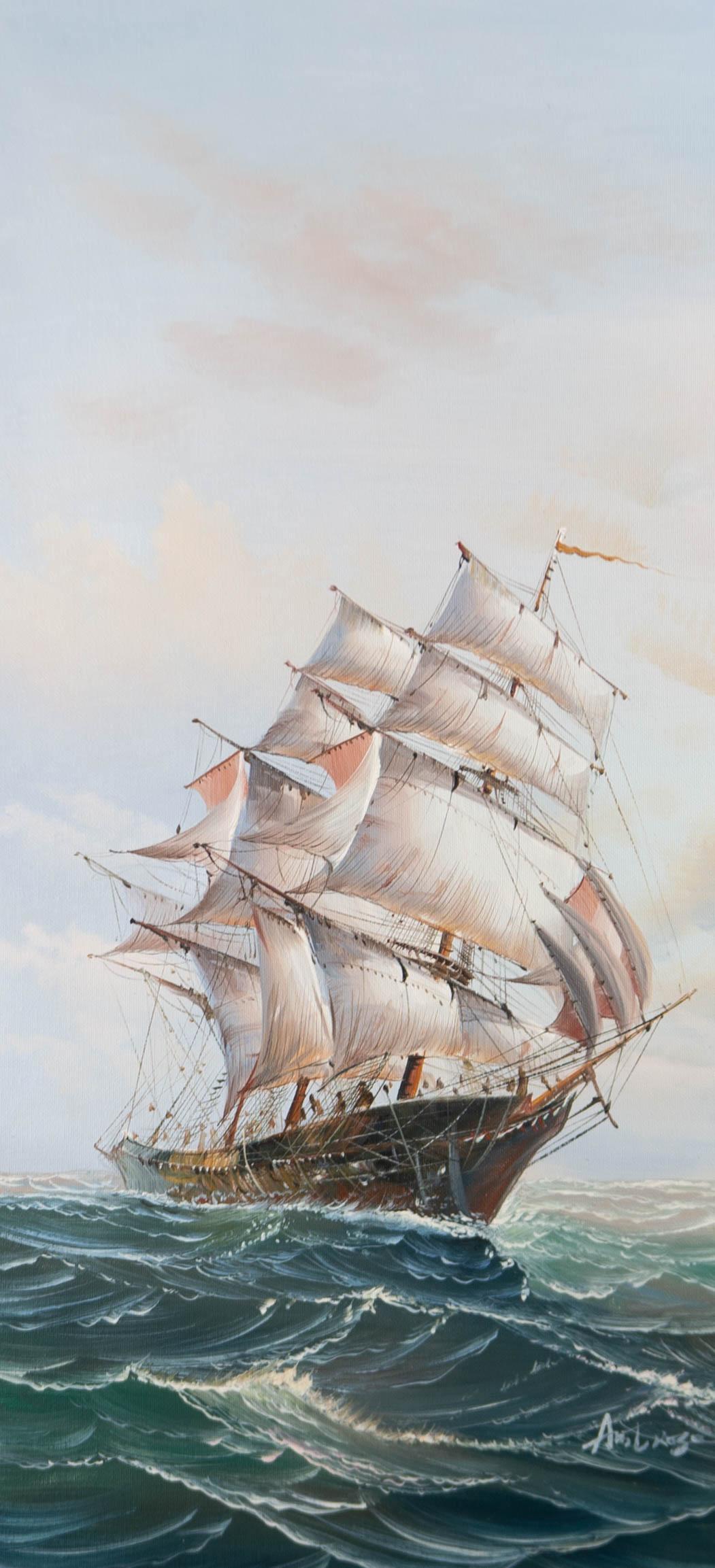 Contemporary Oil - Keeling Ship On Choppy Waters - Painting by Unknown