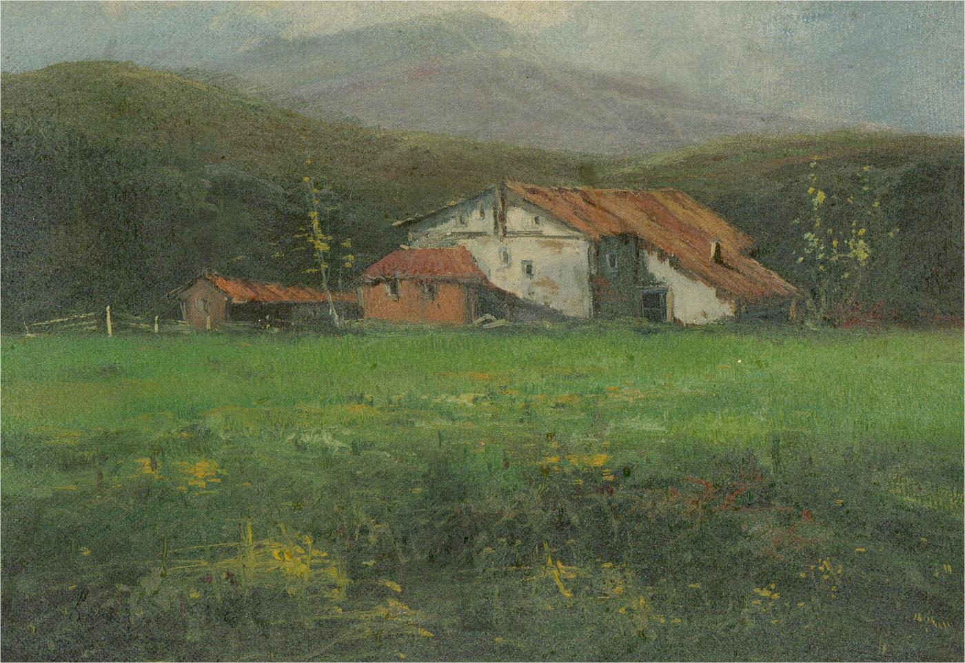 Contemporary Oil - Mountain Farmstead - Brown Landscape Painting by Unknown