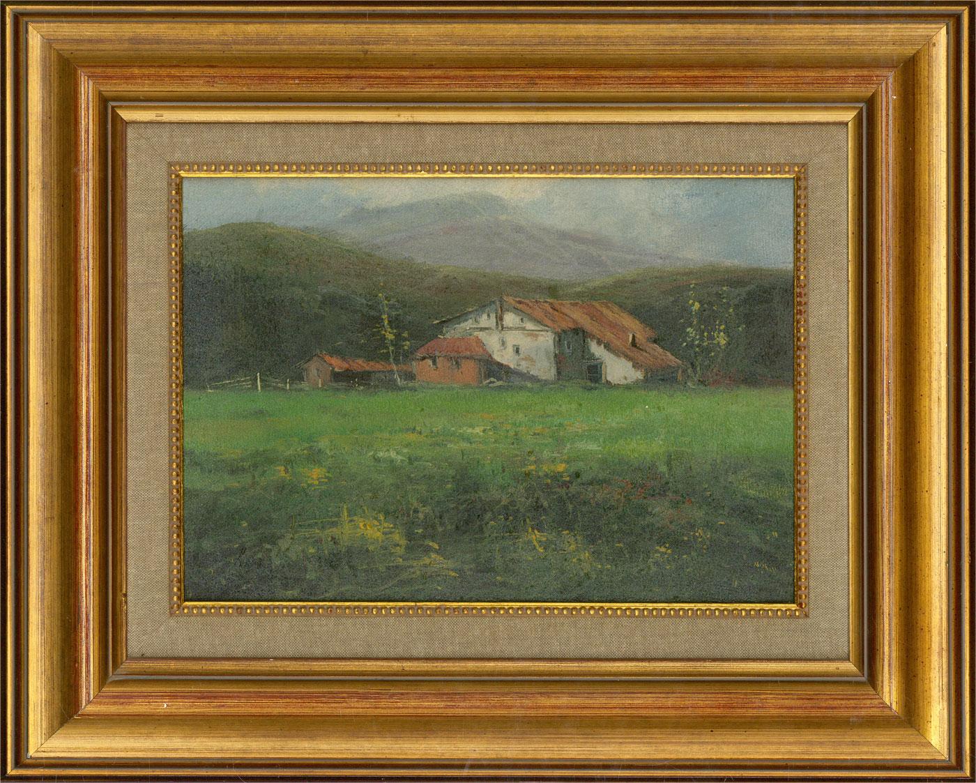 A view of a farmstead in the mountains. Presented in a distressed gilt-effect wooden frame with a linen slip and a beaded inner edge. Signed indistinctly to the lower-left corner. On canvas on stretchers.
