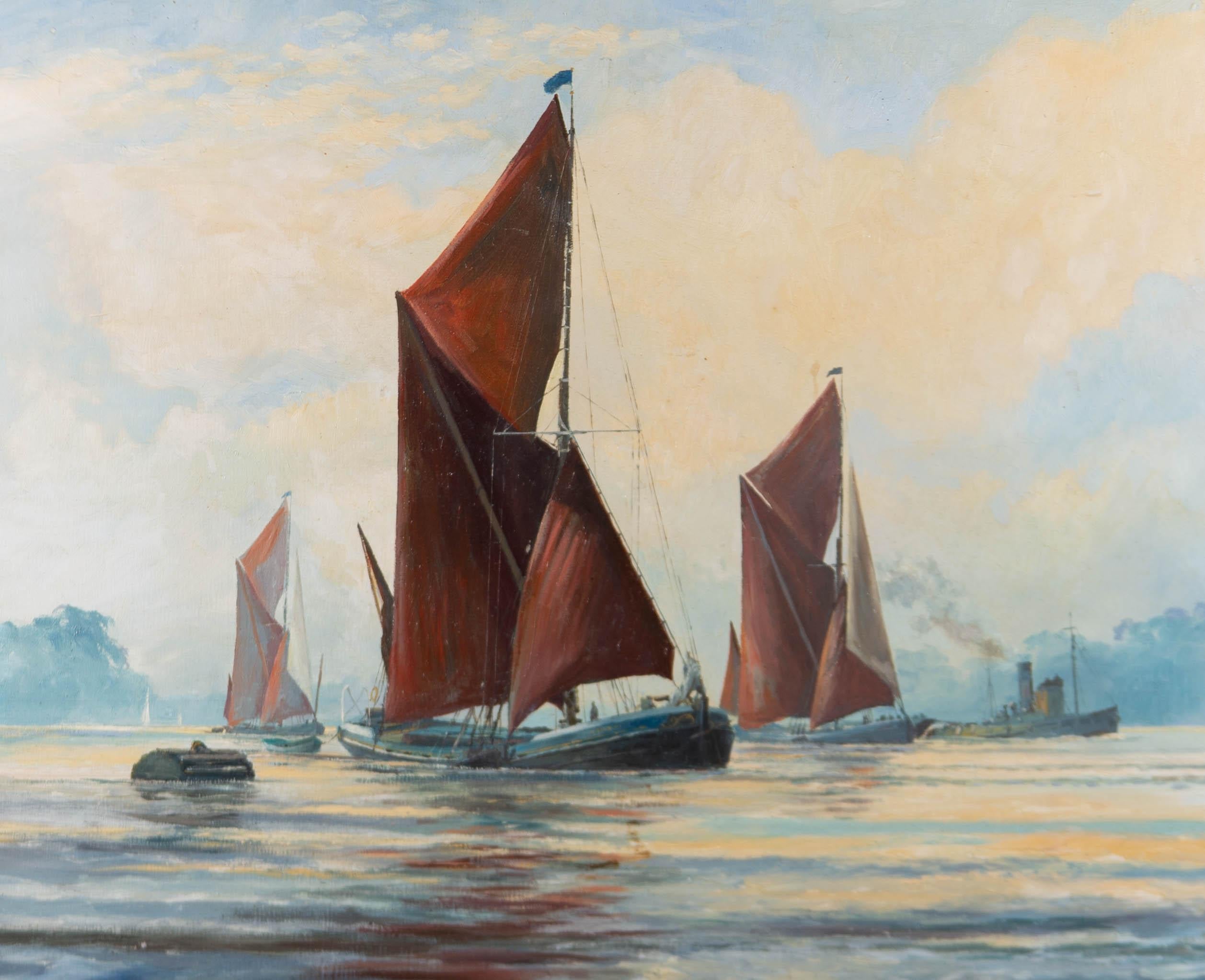 Contemporary Oil - Red Sails - Gray Figurative Painting by Unknown