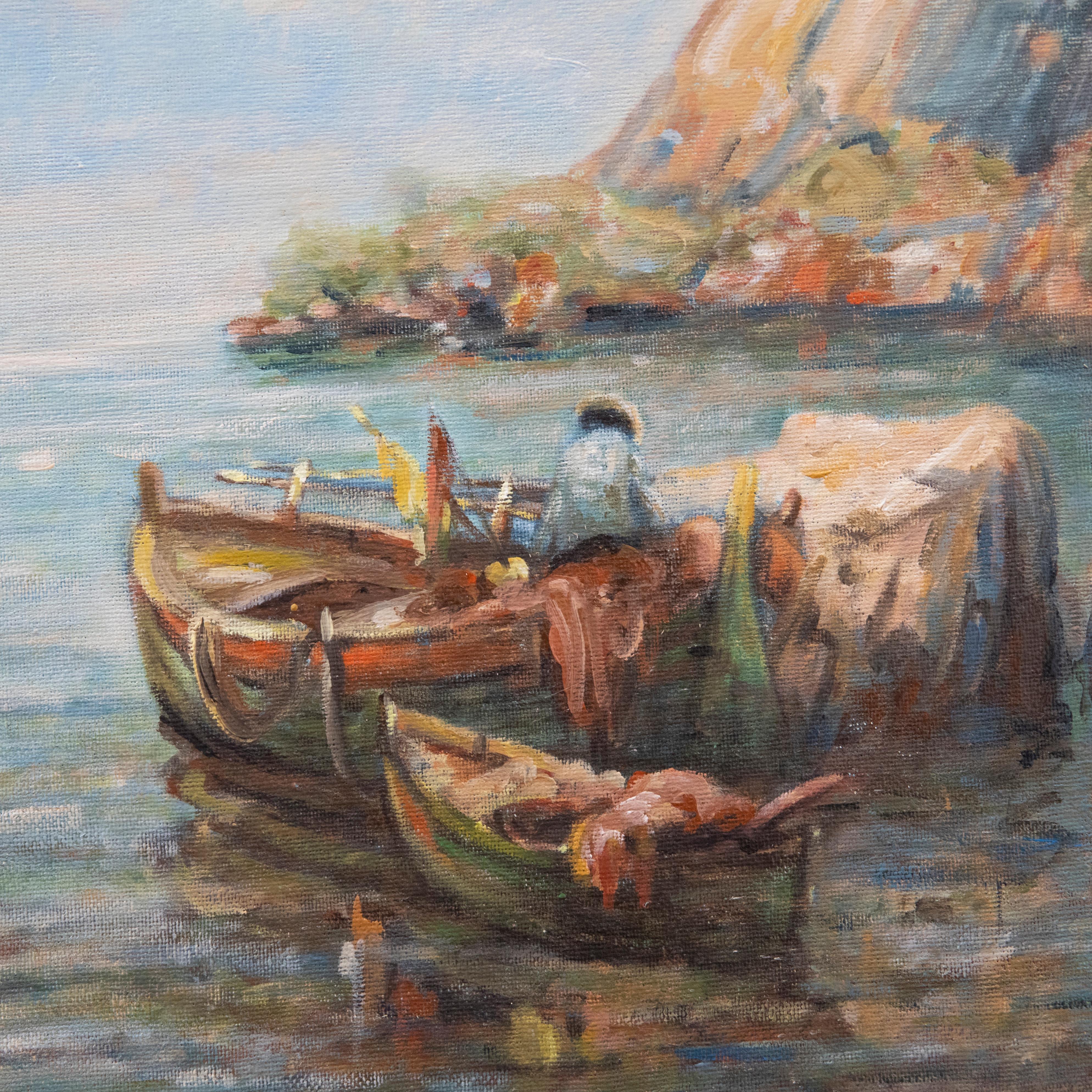 A colourful continental scene on the coast with fisherman sorting nets aboard his small fishing boat. Illegibly signed to the lower right and dated (2004). On canvas on stretchers. 