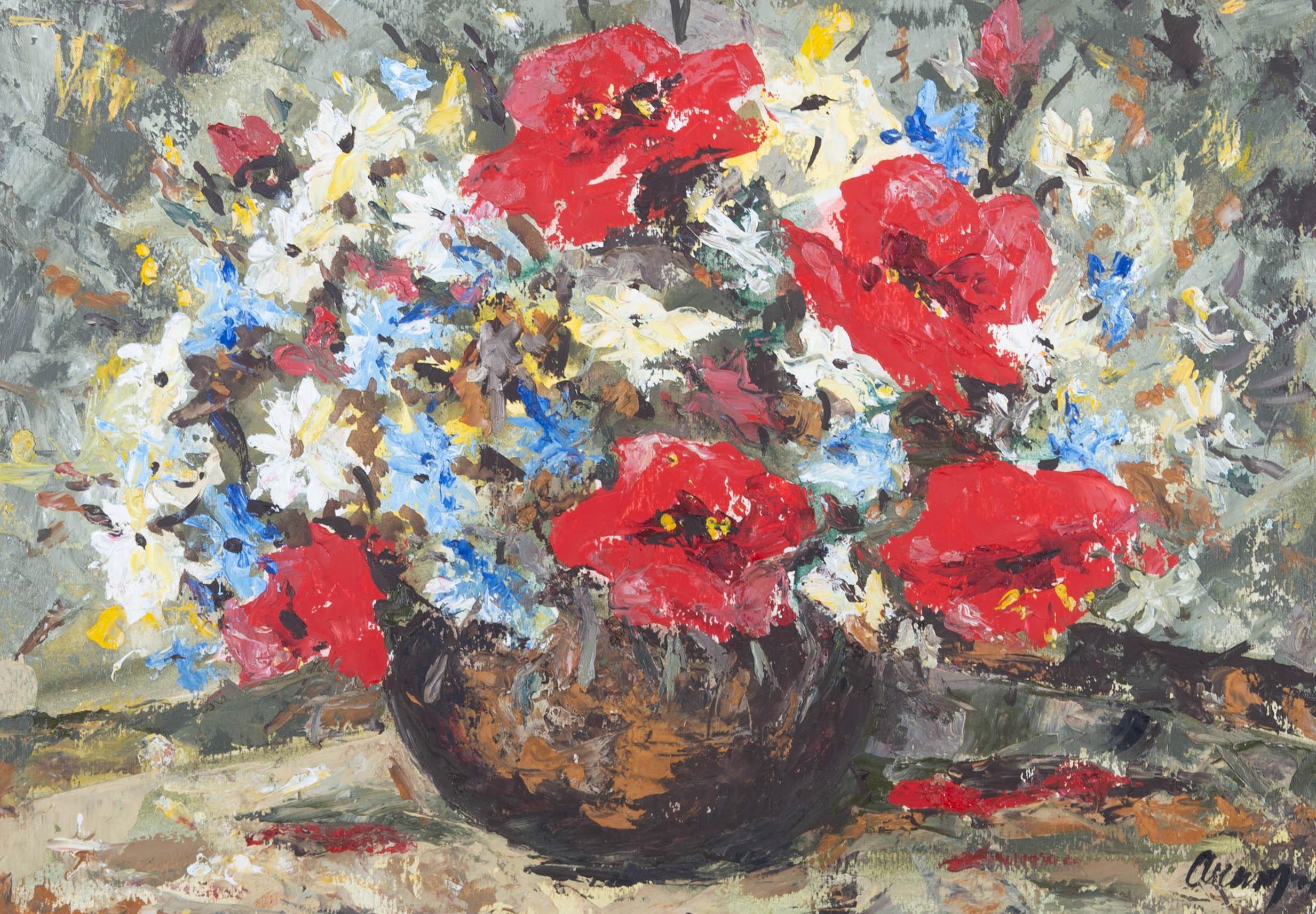 Contemporary Oil - Still Life with Red, Yellow & Blue Flowers - Painting by Unknown