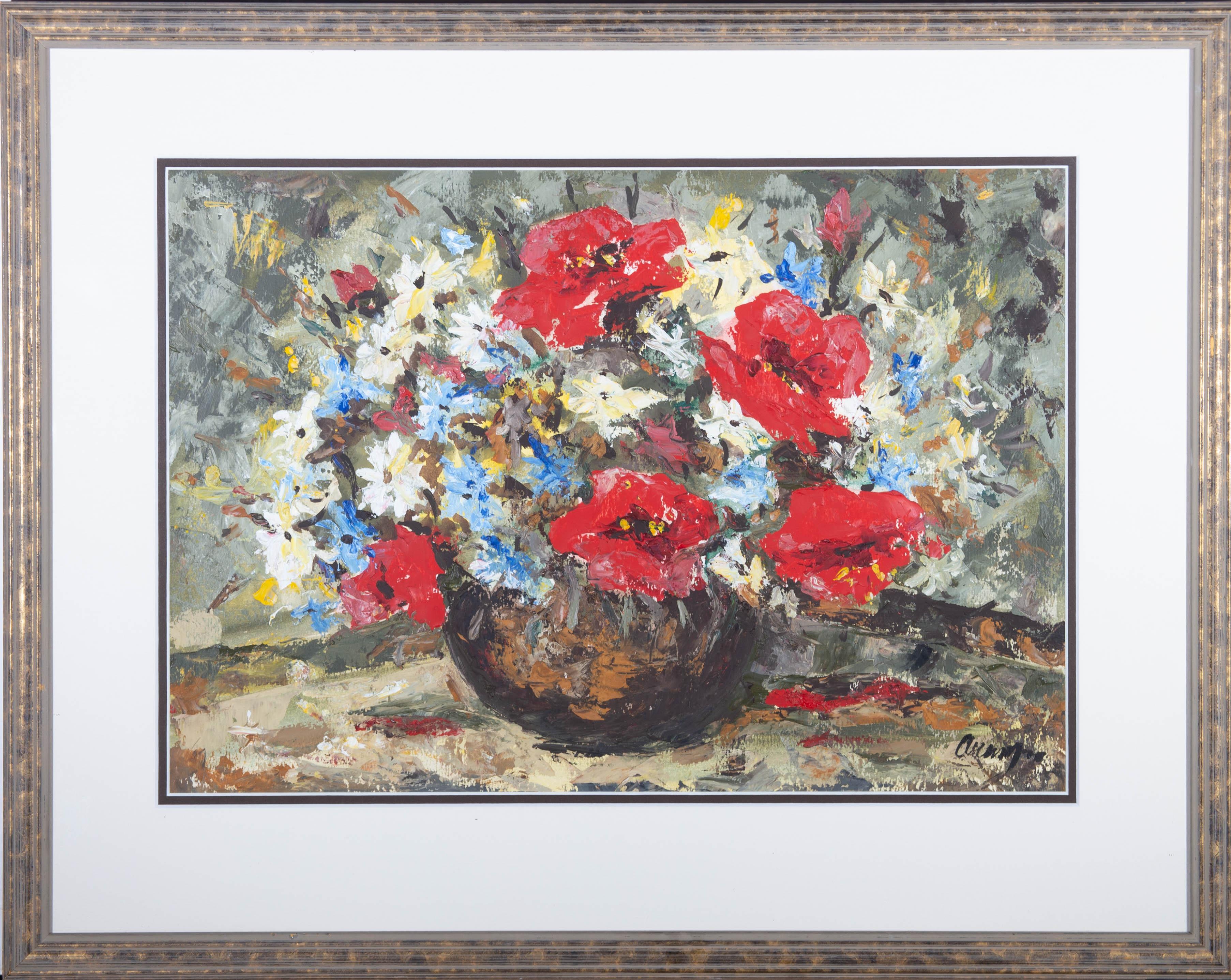 Unknown Still-Life Painting - Contemporary Oil - Still Life with Red, Yellow & Blue Flowers