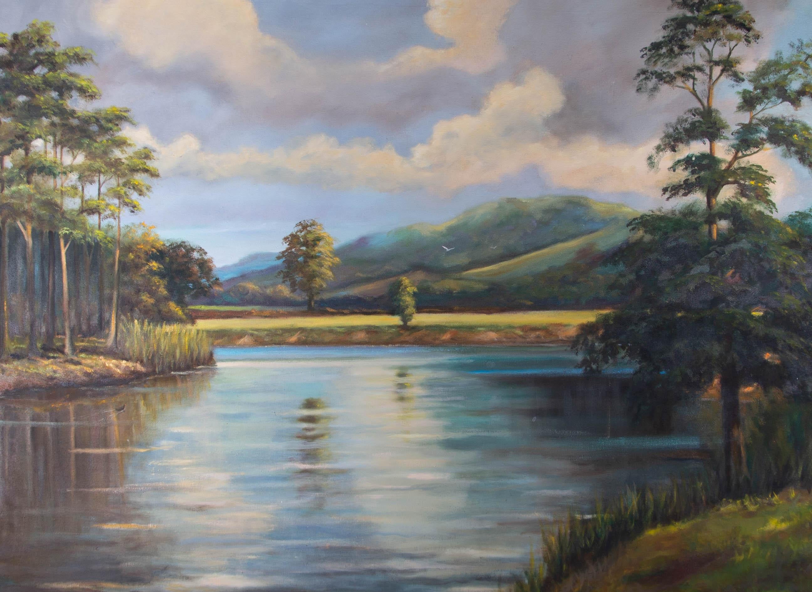 Olio contemporaneo - Estate sul fiume - Landscape Painting Grigio di Unknown