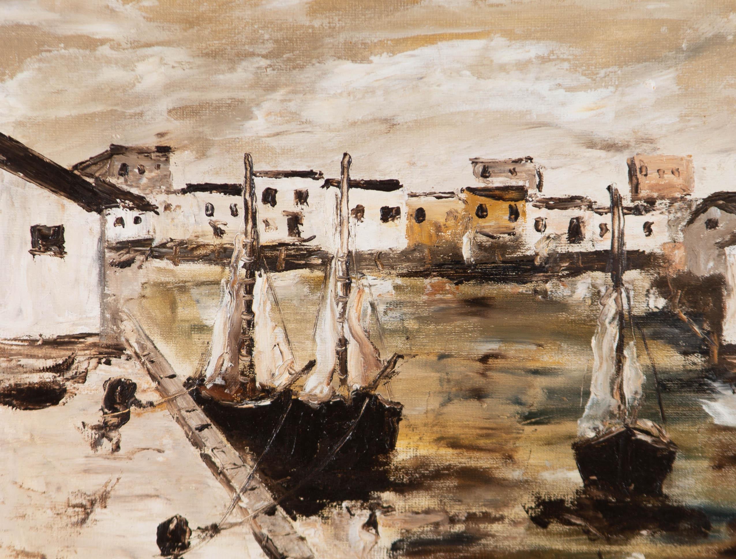 Contemporary Oil - Town View with Docked Boats - Painting by Unknown