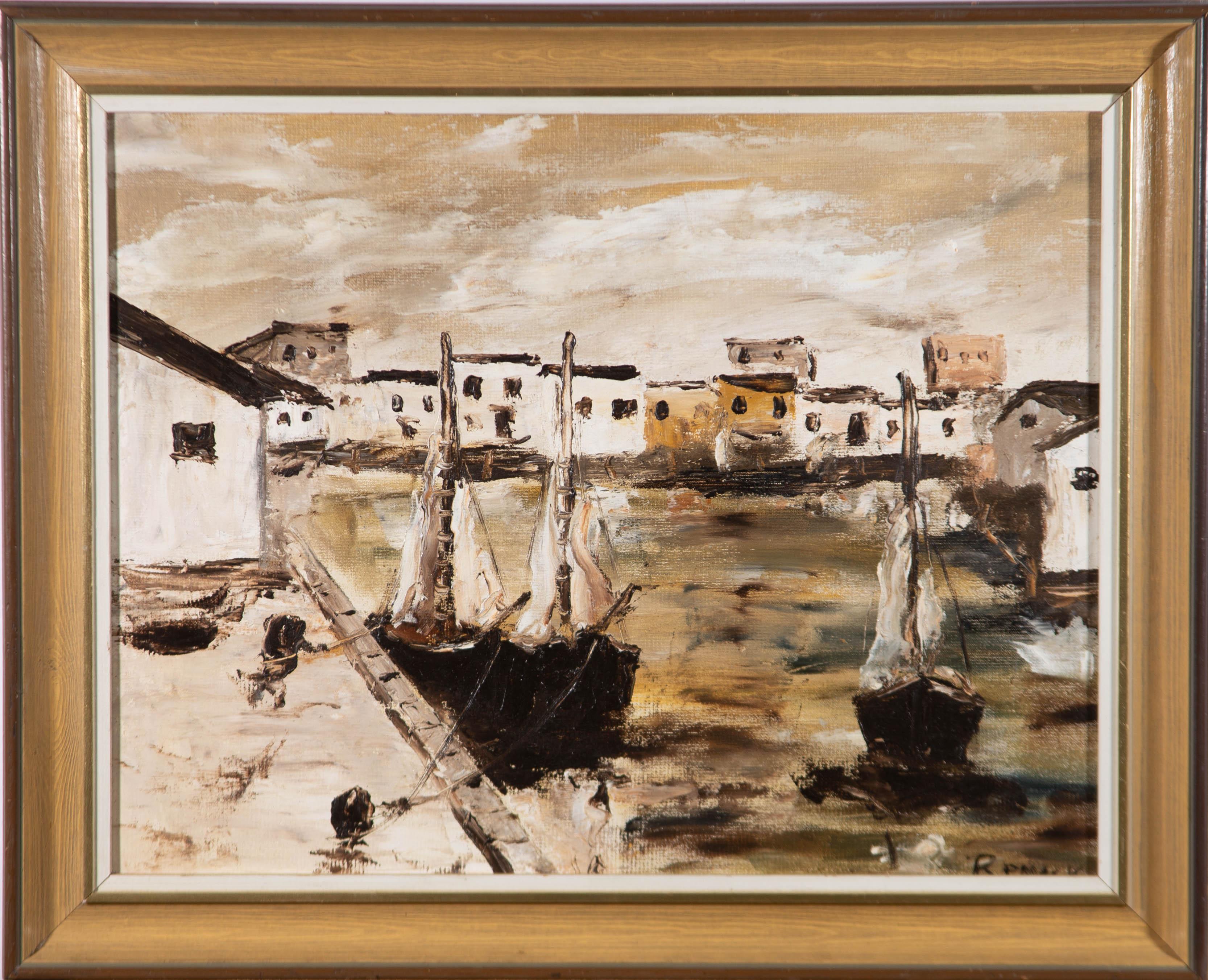 Unknown Figurative Painting - Contemporary Oil - Town View with Docked Boats