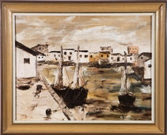 Contemporary Oil - Town View with Docked Boats