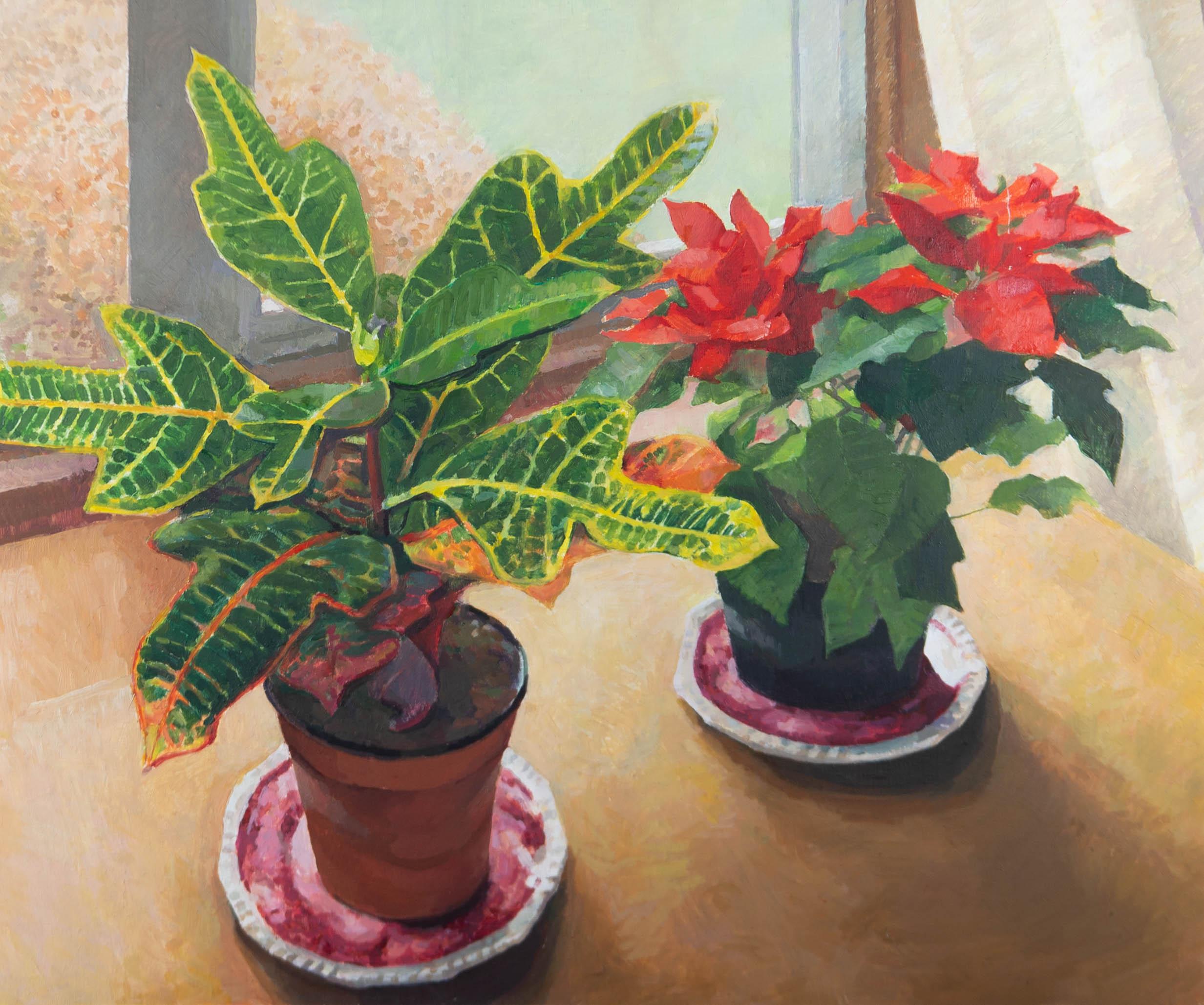 Contemporary Oil - Two Potted Plants - Painting by Unknown
