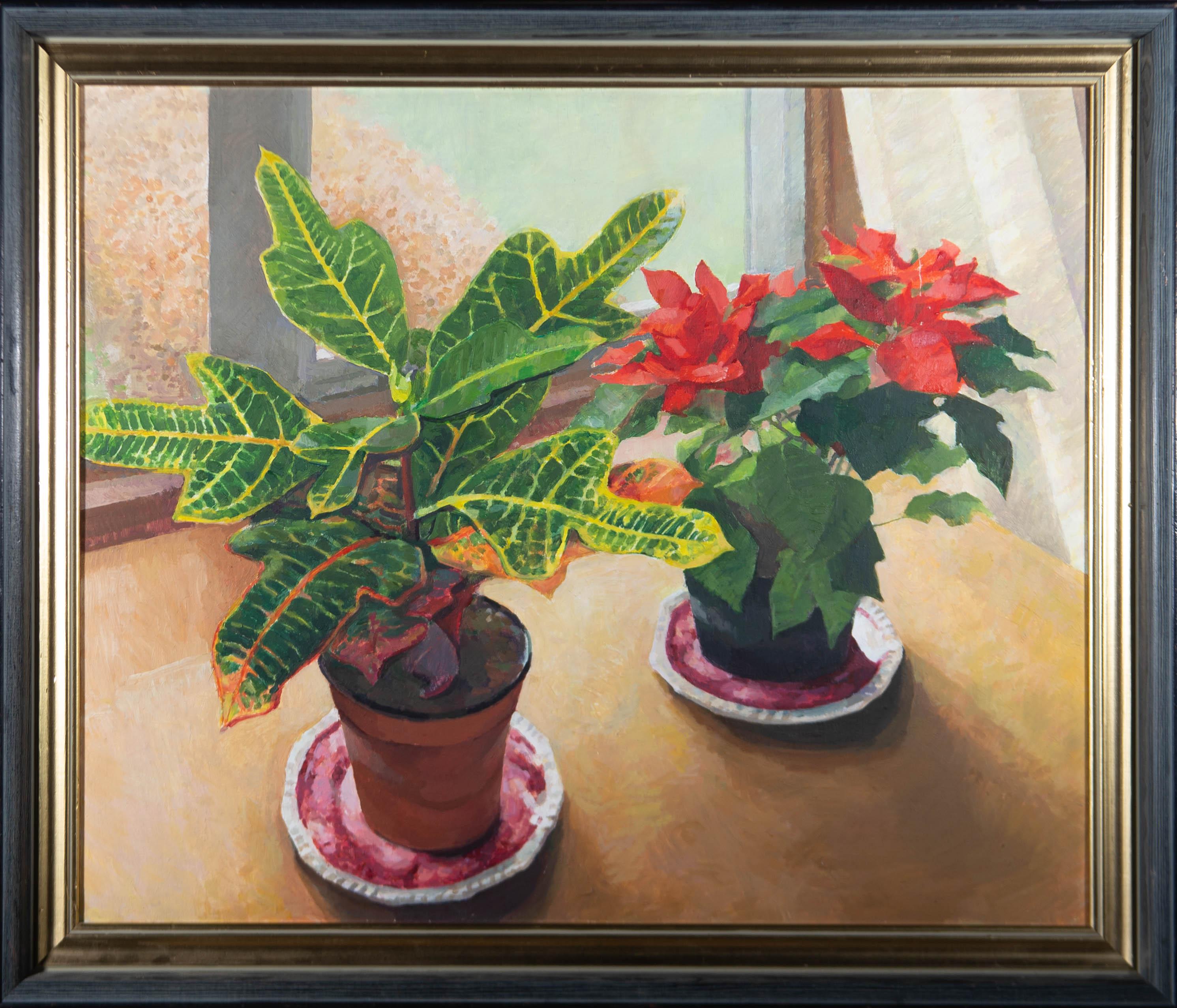 Still-Life Painting Unknown - Huile contemporaine - Deux plantes en pots