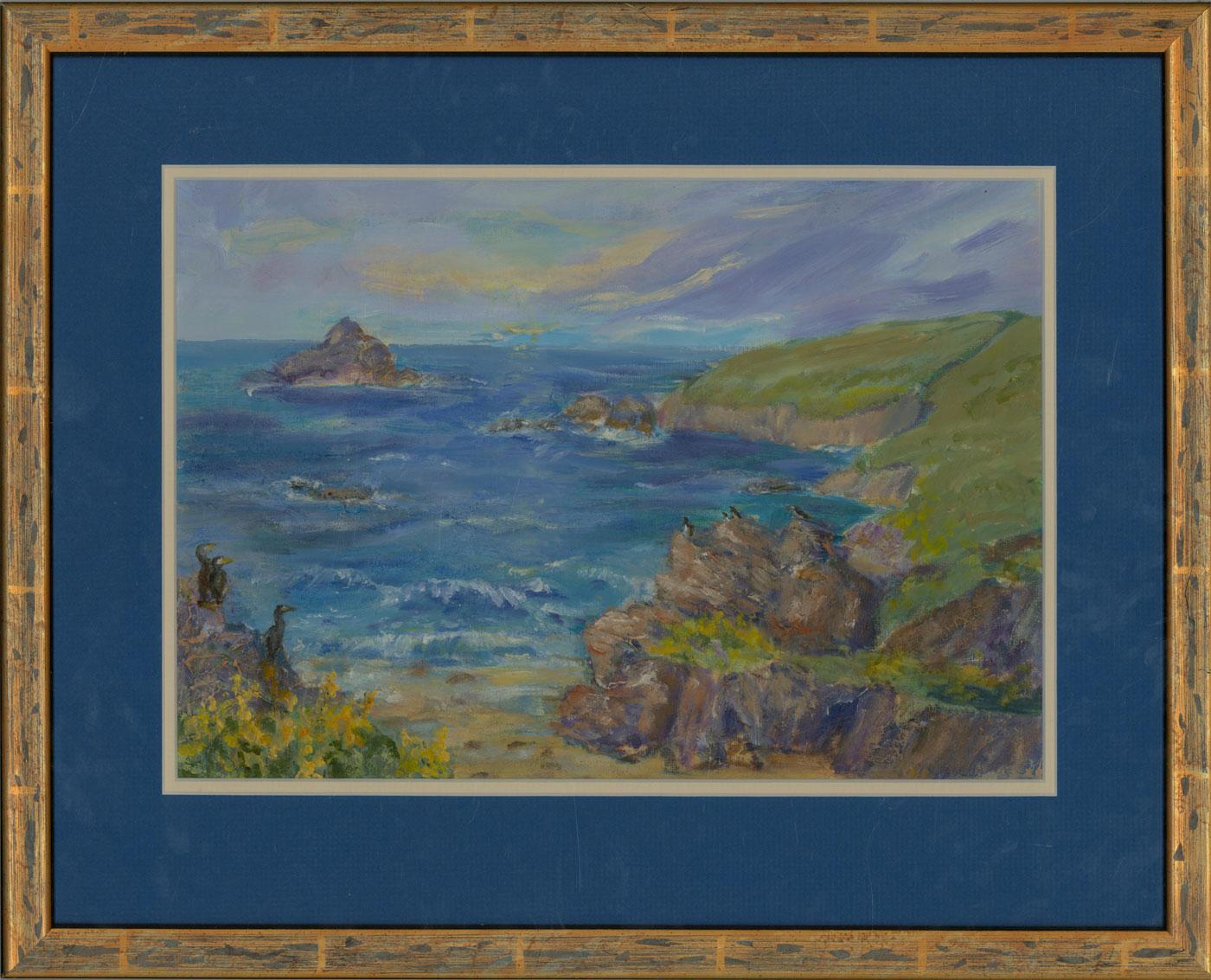 A fine oil painting with areas of impasto, depicting a vibrant coastal scene. Signed indistinctly and possibly dated '2015' to the lower right-hand corner. Well-presented in a double card mount and in a distressed gilt effect frame, as shown. On