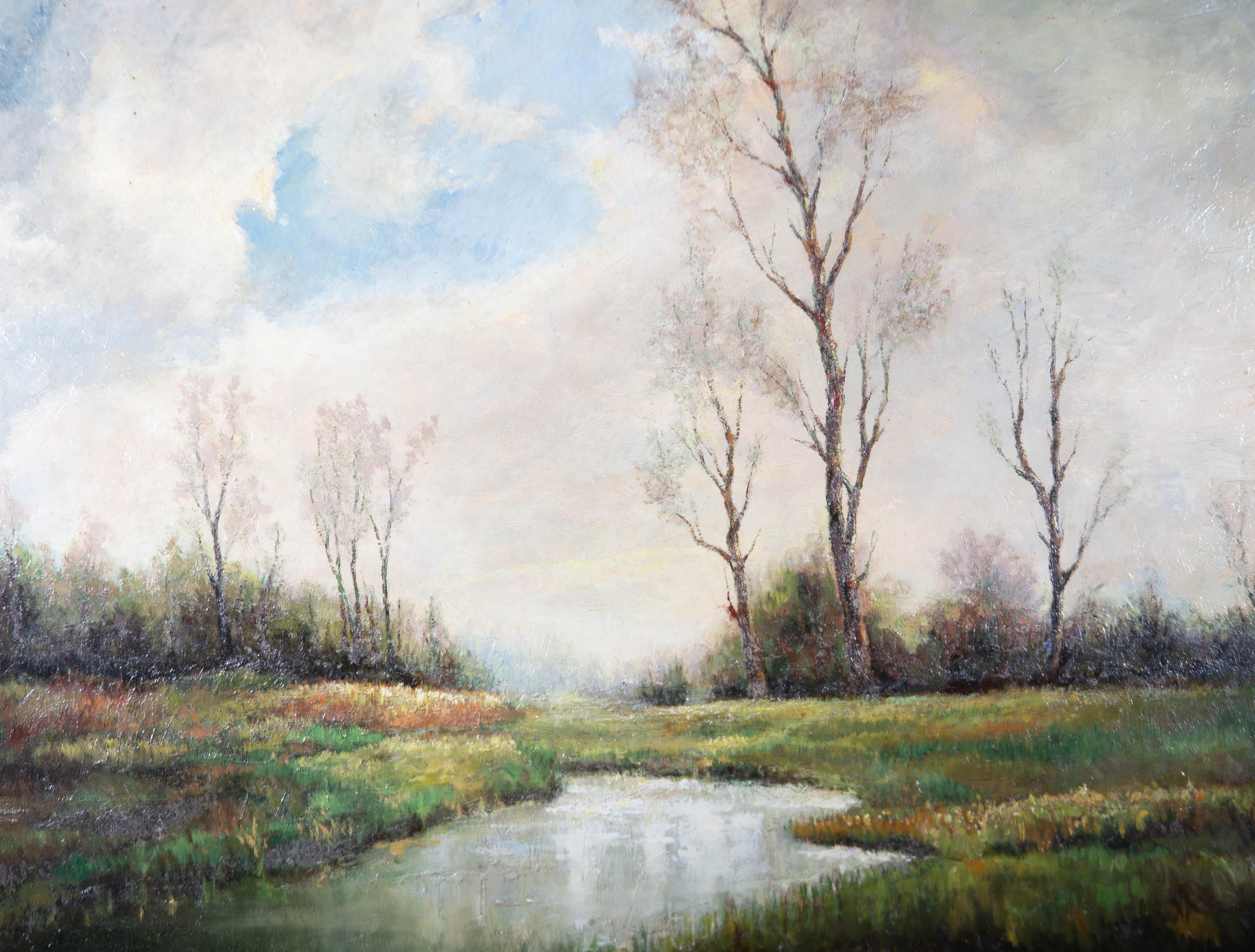 Contemporary Oil - Water Meadow In Autumn - Gray Landscape Painting by Unknown