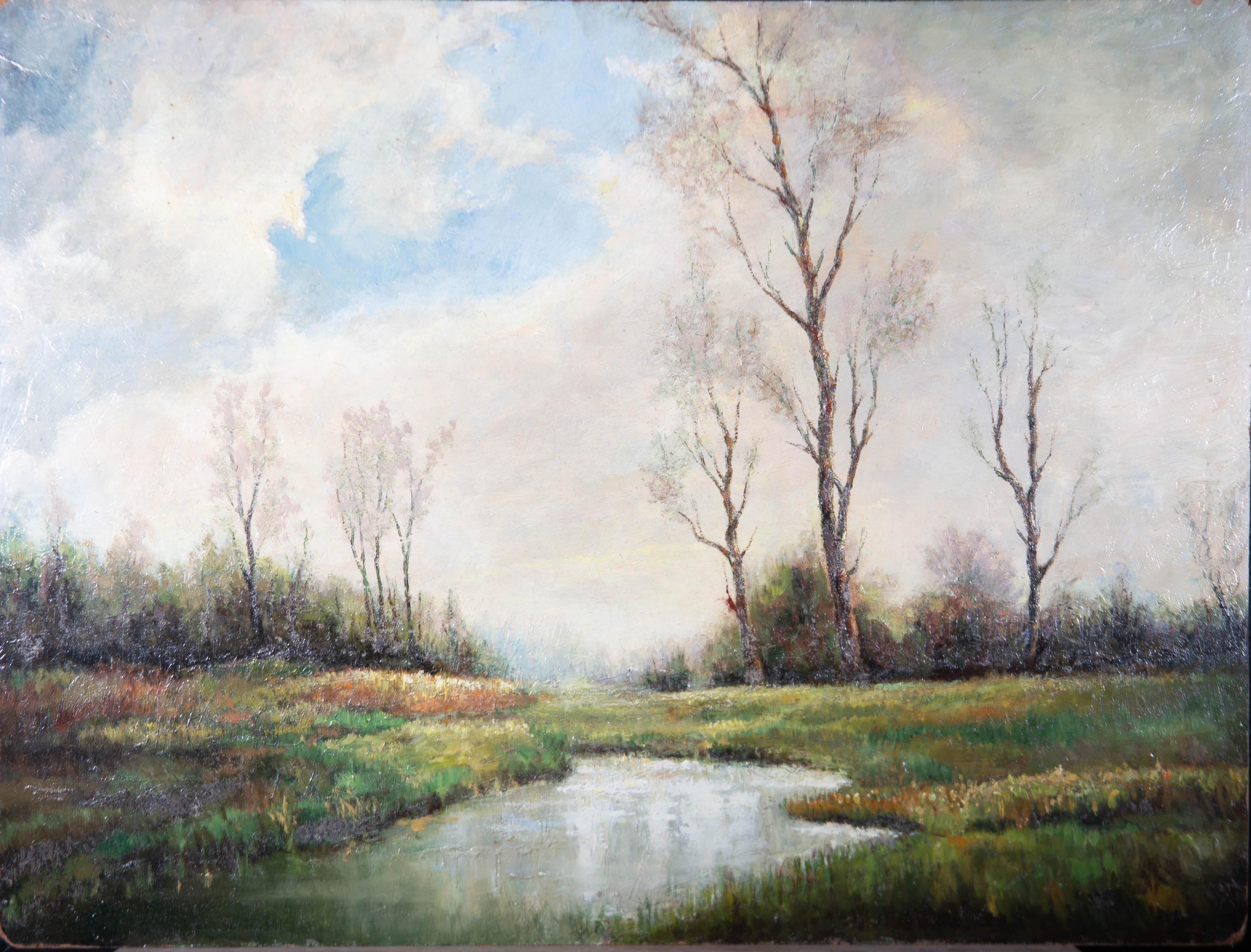 A fine oil landscape showing a verdant water meadow with winding stream under a cloudy sky with a chink of blue visible behind the clouds. The painting is unsigned on board. On board.
