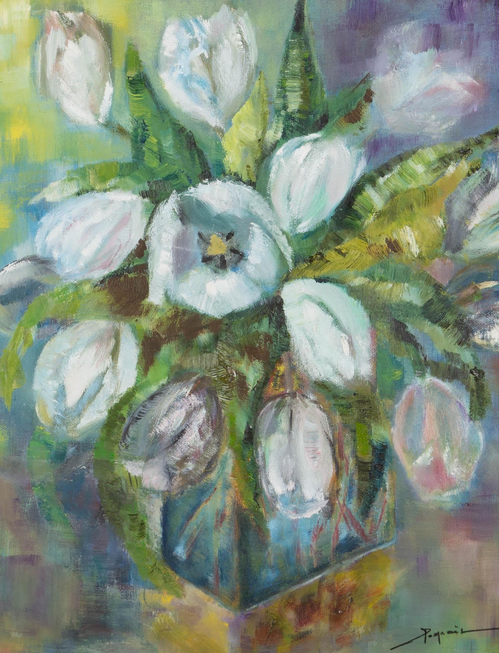 Contemporary Oil - White Tulips - Painting by Unknown