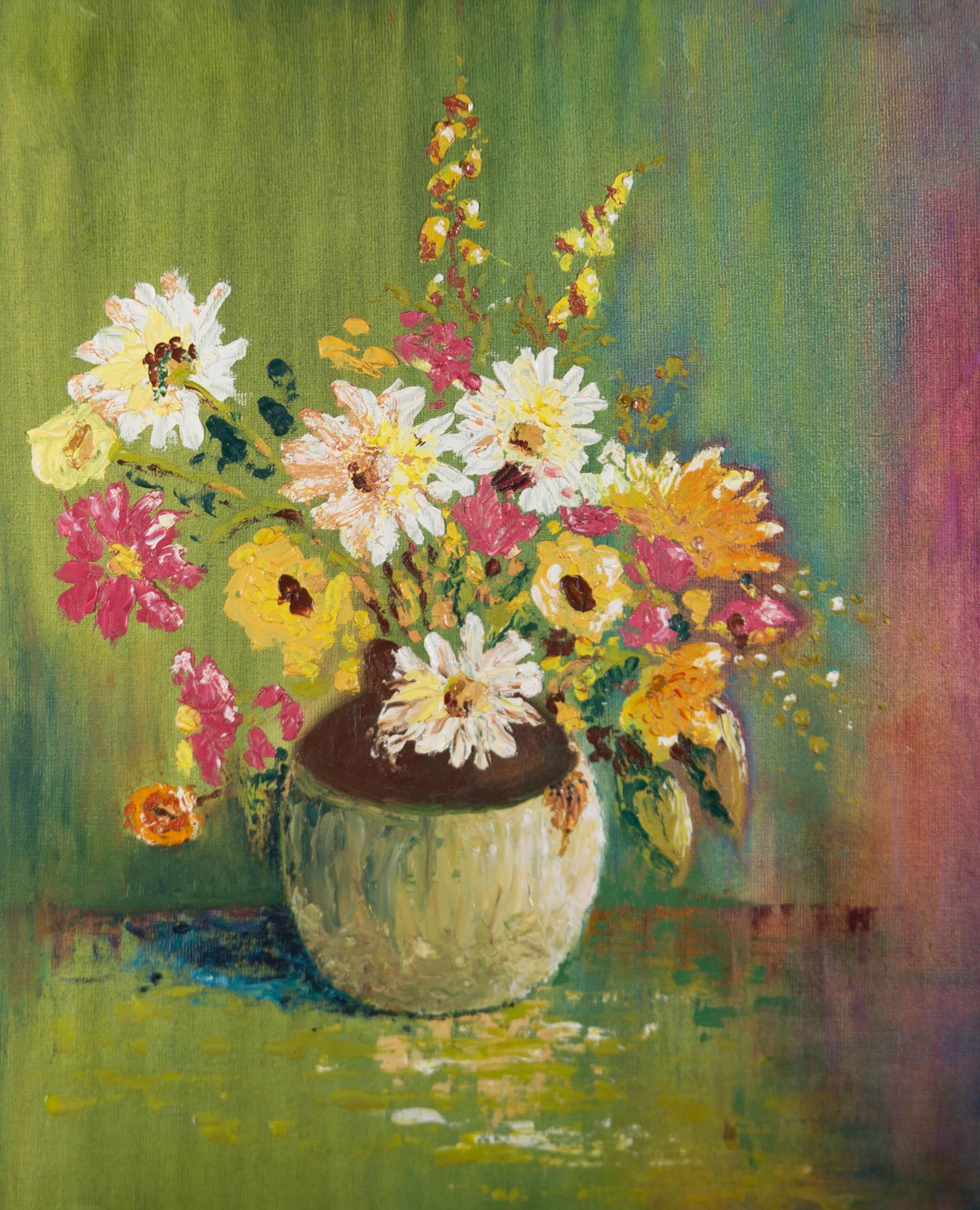 Contemporary Oil - Yellow and Pink Flowers - Painting by Unknown