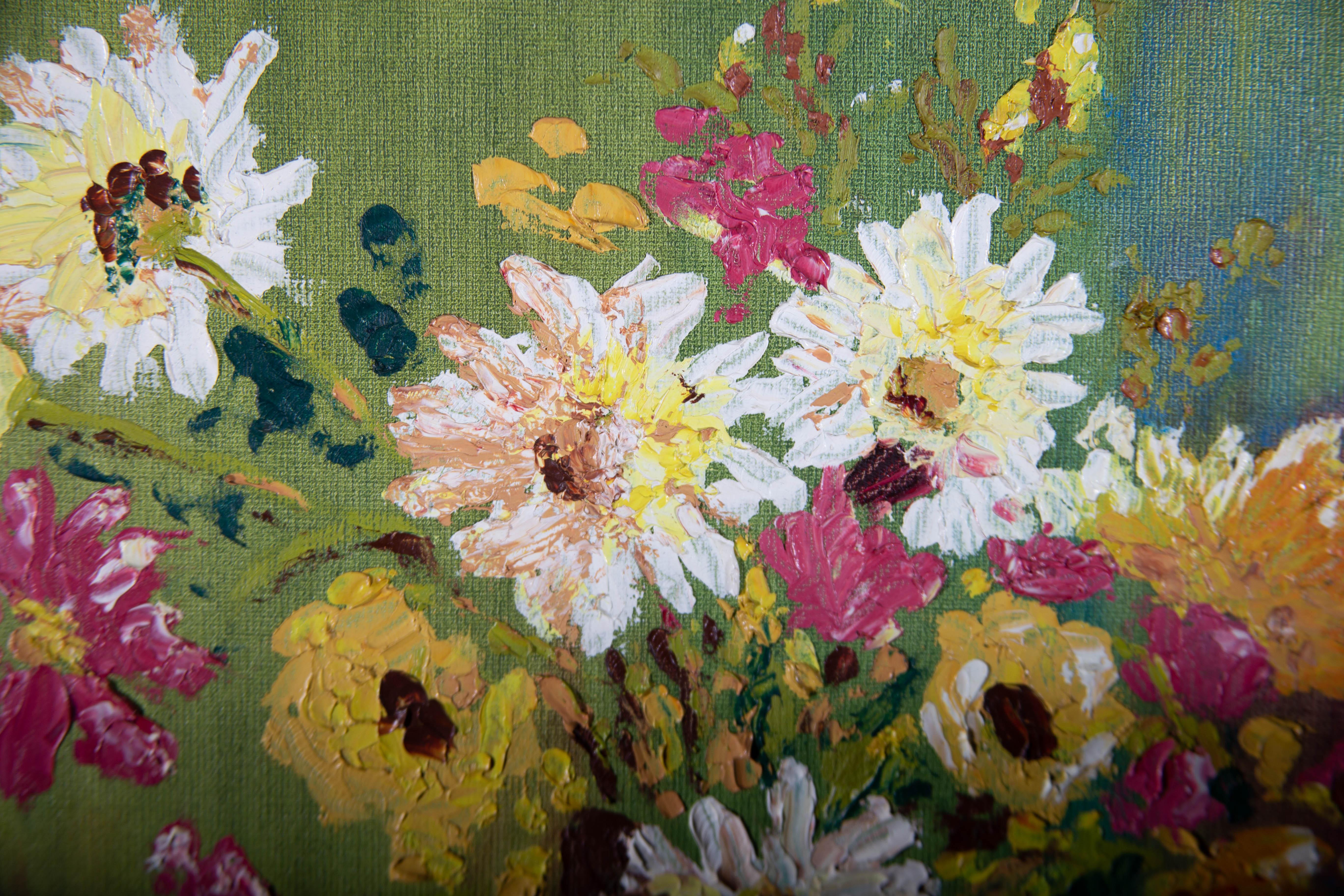 Contemporary Oil - Yellow and Pink Flowers 1