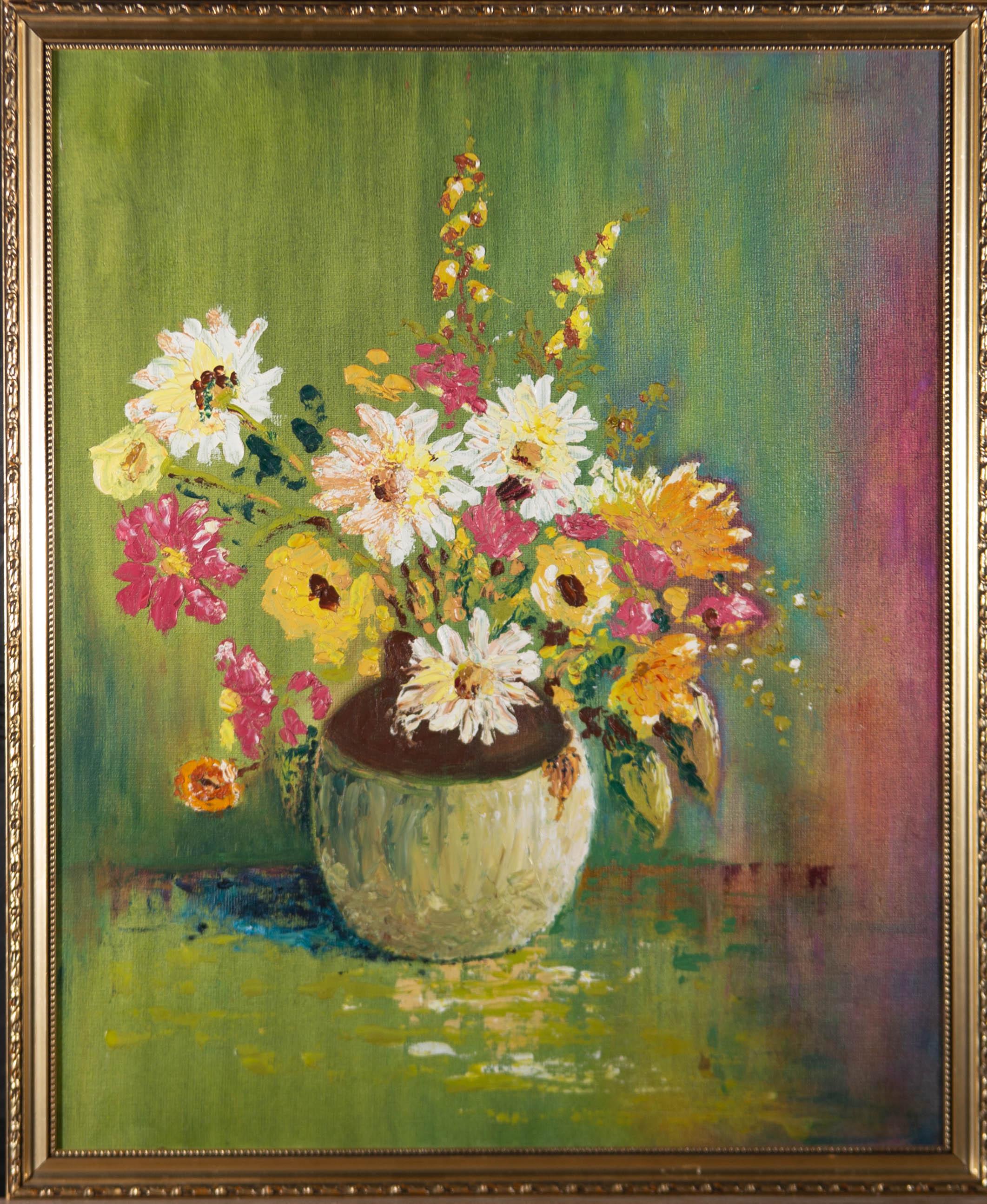 Unknown Still-Life Painting - Contemporary Oil - Yellow and Pink Flowers