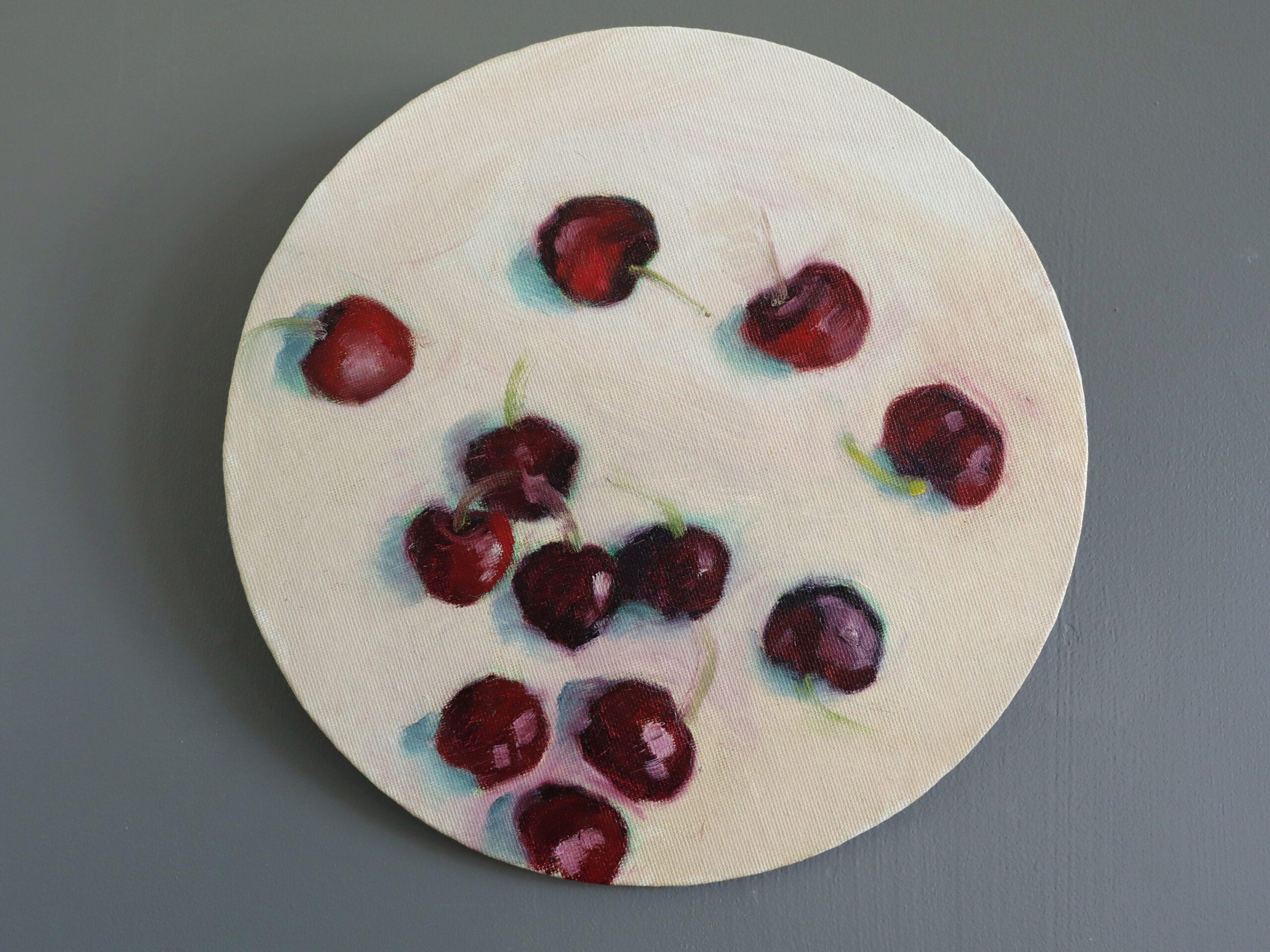 Mini Nature Morte Impressionniste Contemporaine à l'Huile - Cerises - Painting de Unknown