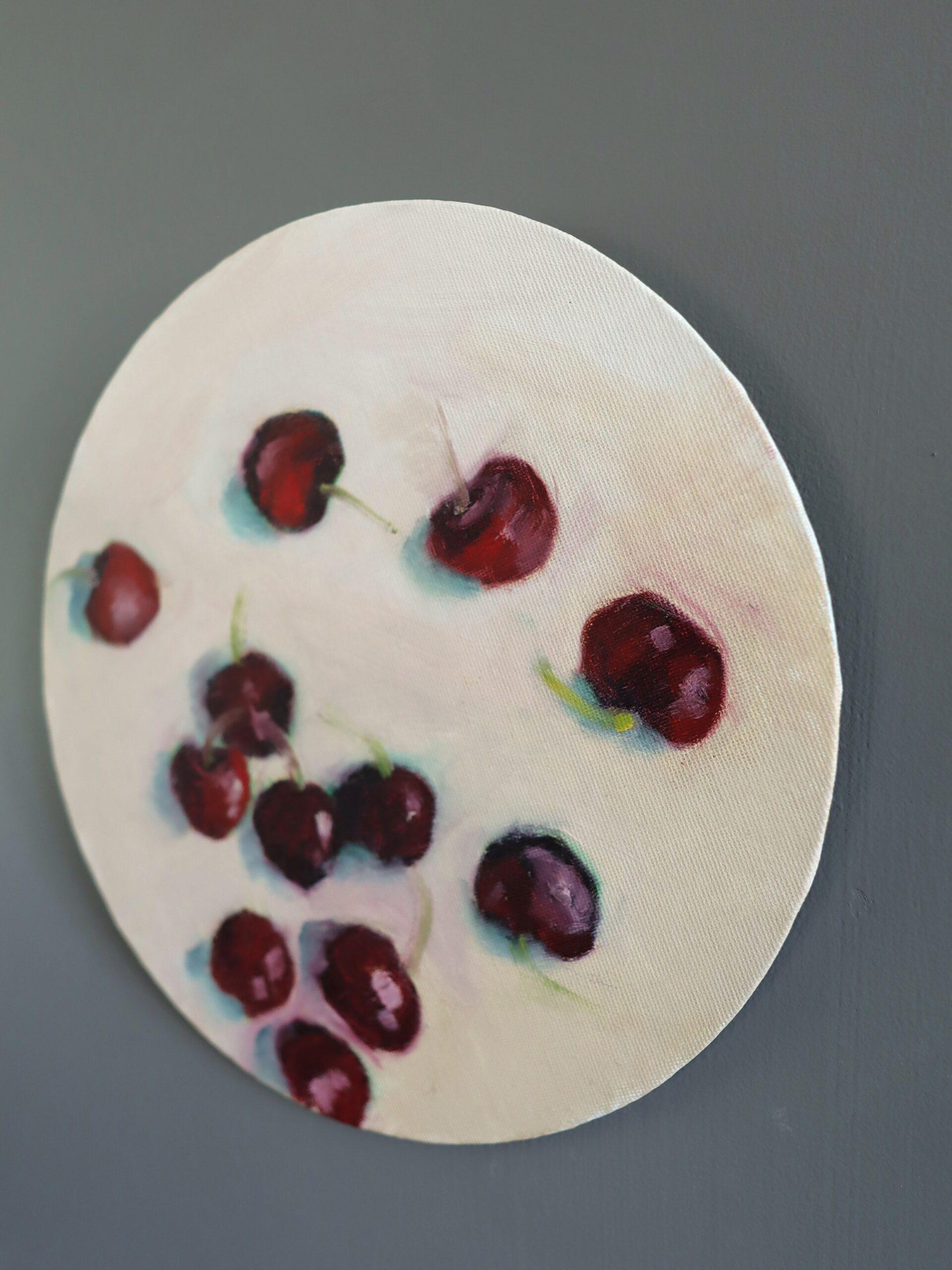 Mini Nature Morte Impressionniste Contemporaine à l'Huile - Cerises en vente 1