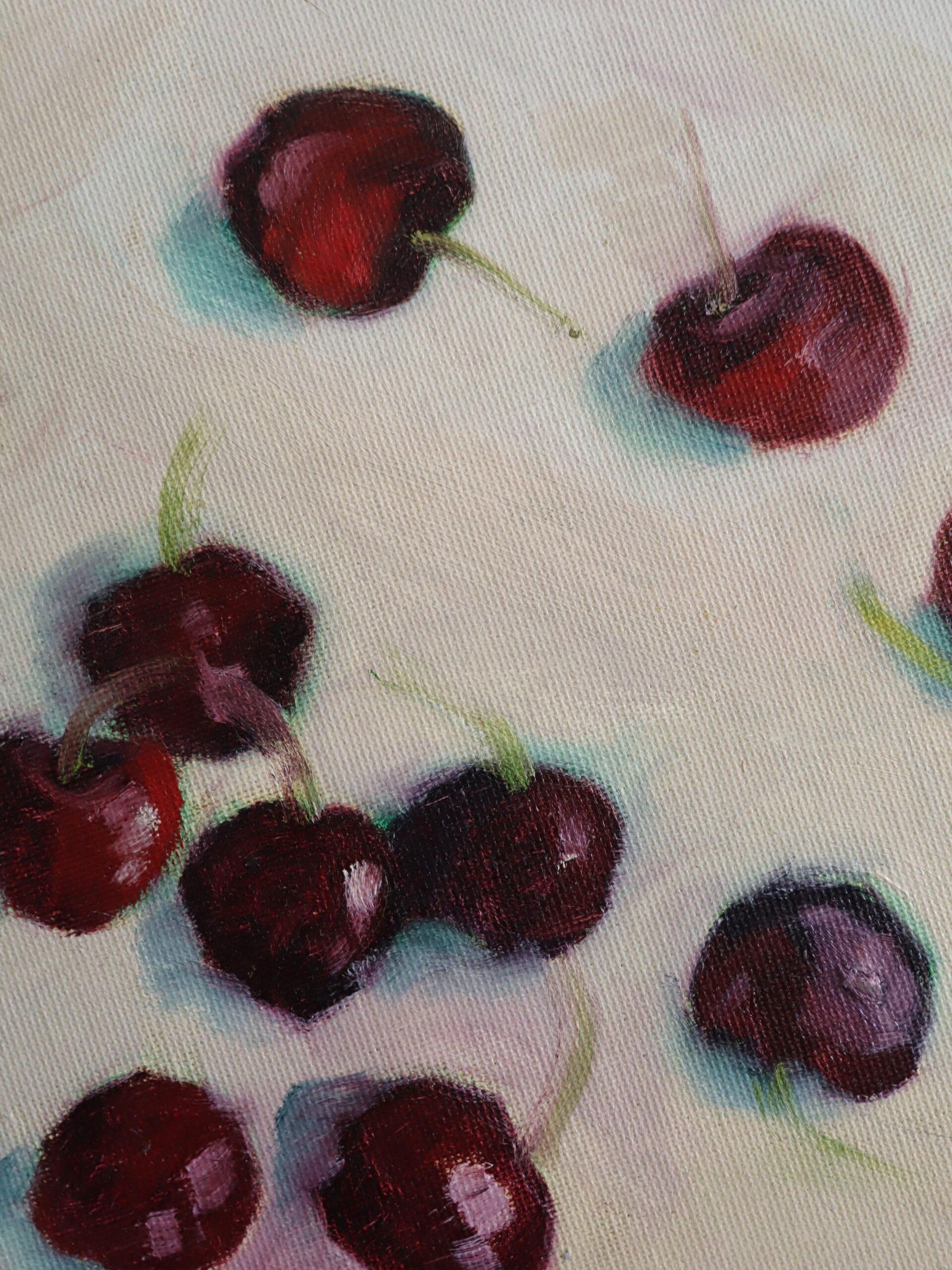 Mini Nature Morte Impressionniste Contemporaine à l'Huile - Cerises en vente 2