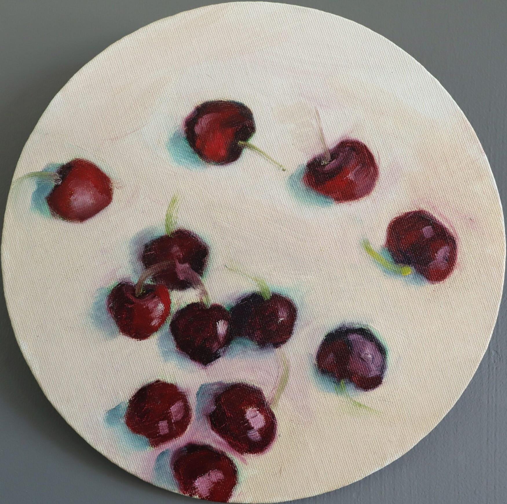 Still-Life Painting Unknown - Mini Nature Morte Impressionniste Contemporaine à l'Huile - Cerises