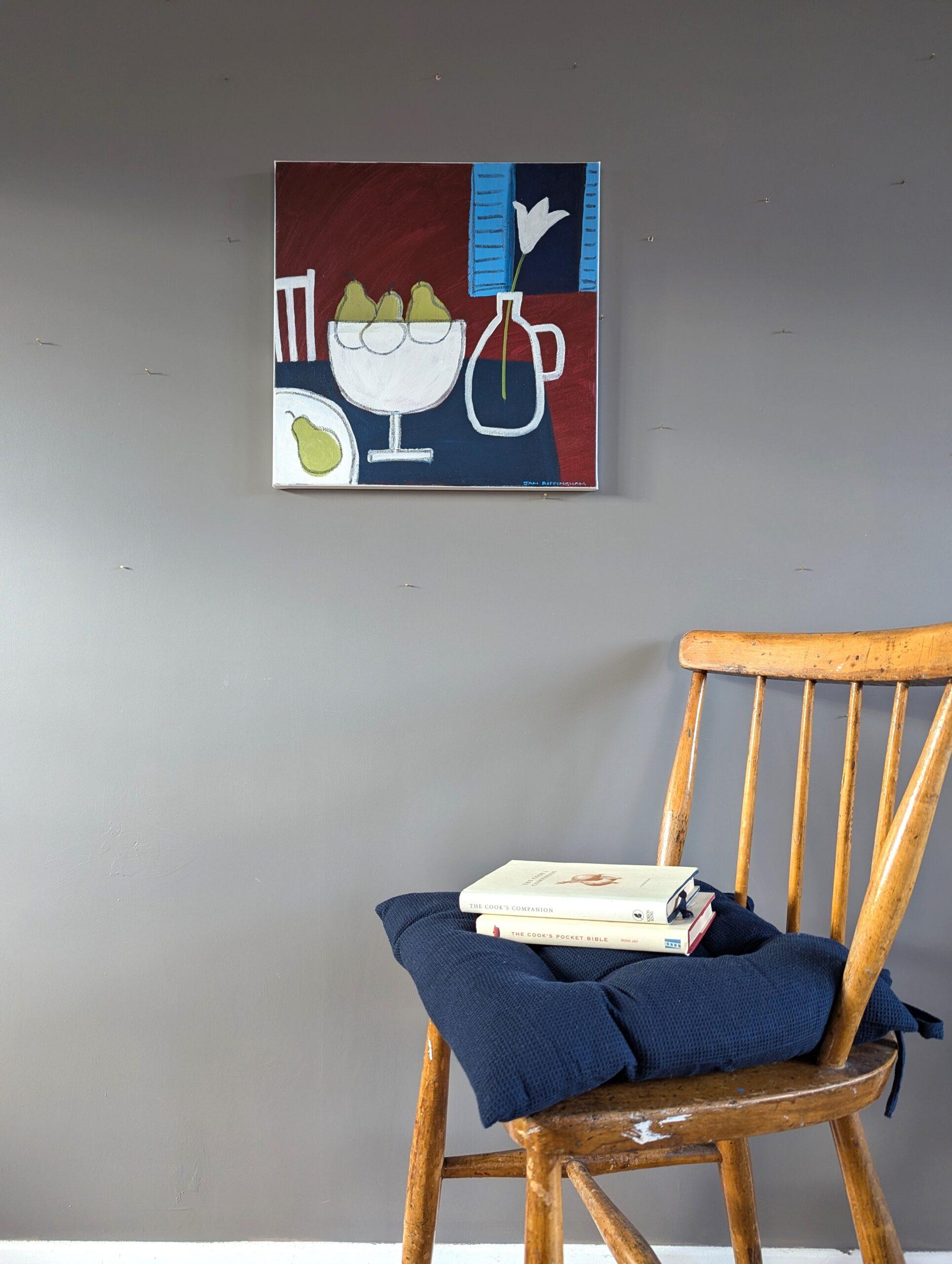 Contemporary Original Semi-Abstract Acrylic Painting - Stilleben mit 4 Birnen (Schwarz), Still-Life Painting, von Unknown