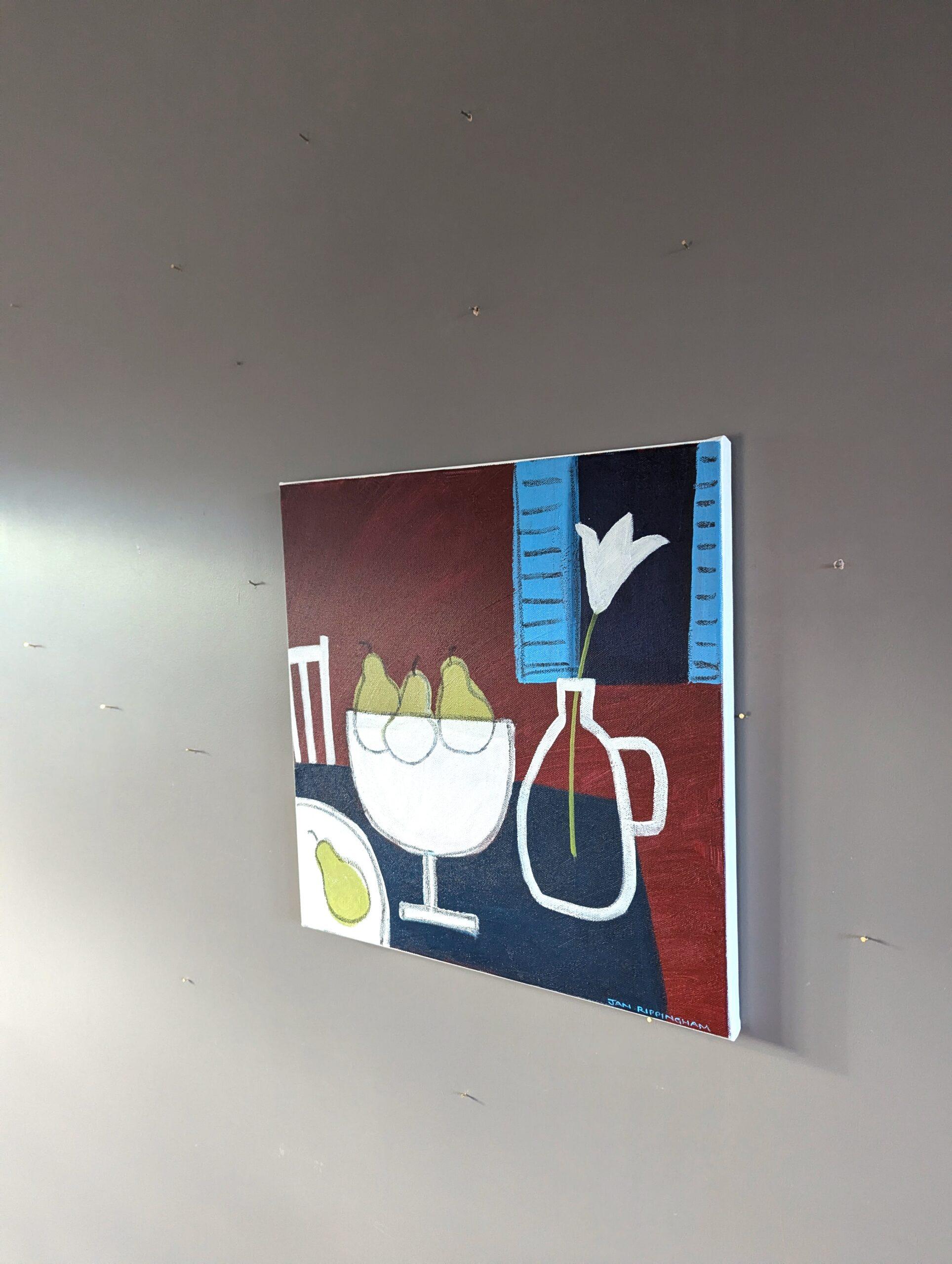 STILLEBEN MIT 4 BIRNEN
Größe: 40 x 40 cm 
Acryl auf Leinwand

Ein zeitgenössisches halb-abstraktes Stillleben, gemalt in Acryl auf Leinwand.

Dieses Gemälde ist ein stilisiertes Stillleben mit kühnen, vereinfachten Formen und kräftigen,