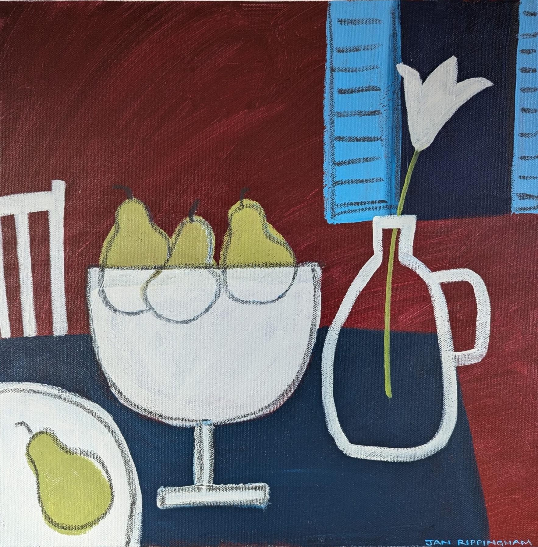Contemporary Original Semi-Abstract Acrylic Painting - Still Life with 4 Pears