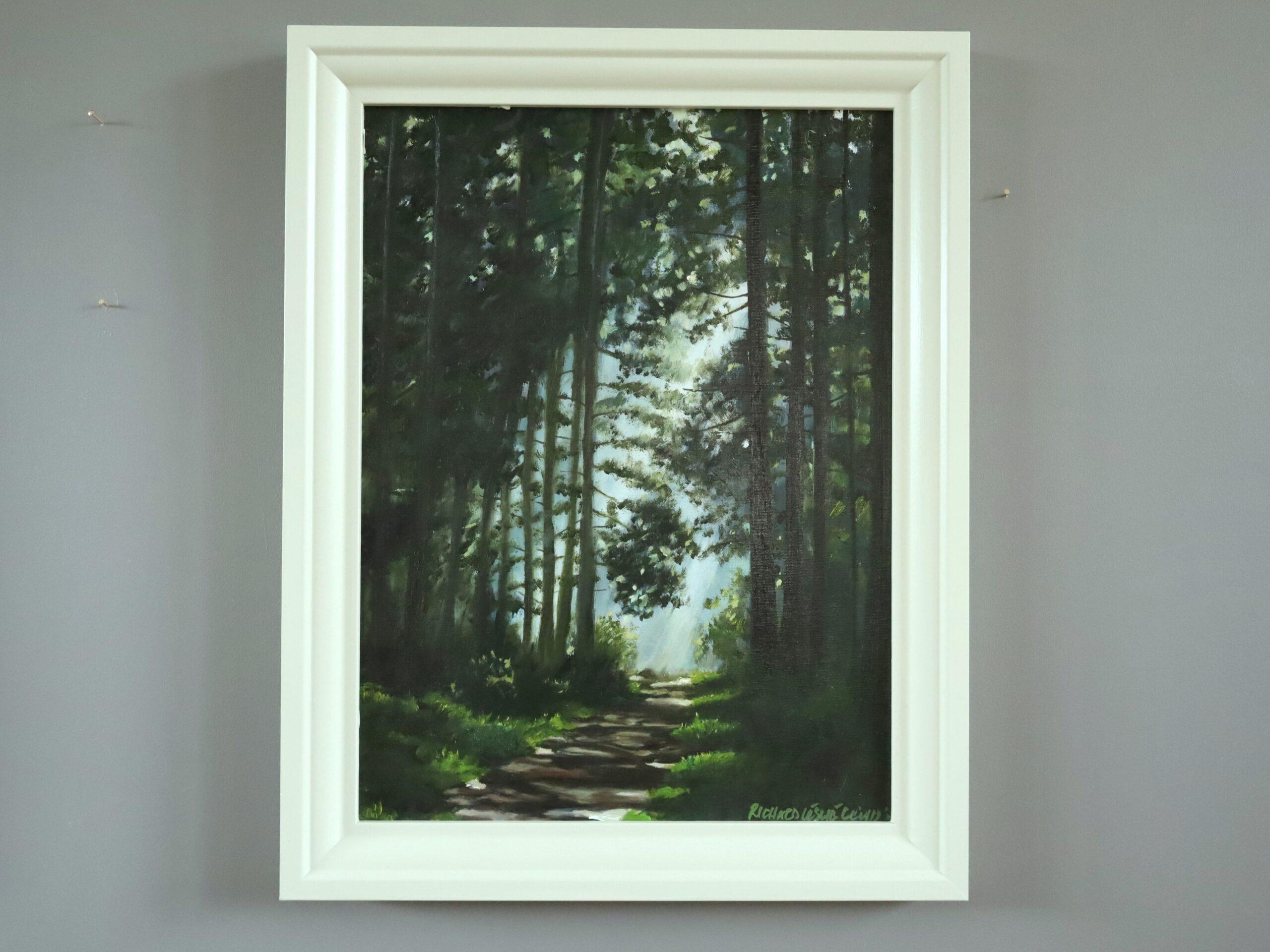 Contemporary Original Swedish Woodland Landscape Oil Painting - Light at the End - Black Landscape Painting by Unknown